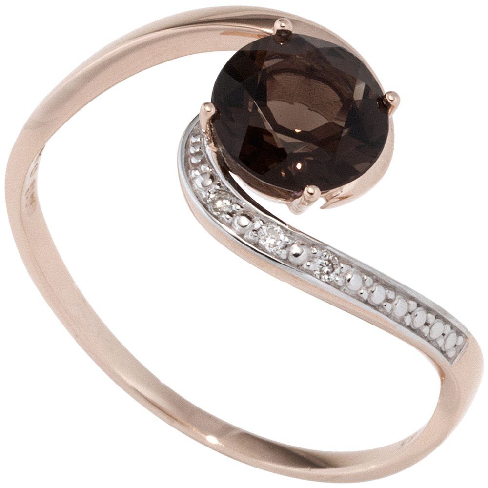 Schmuck Krone Diamantring Ring mit Rauchquarz & 3 Brillanten, 585 Rotgold, Gold 585
