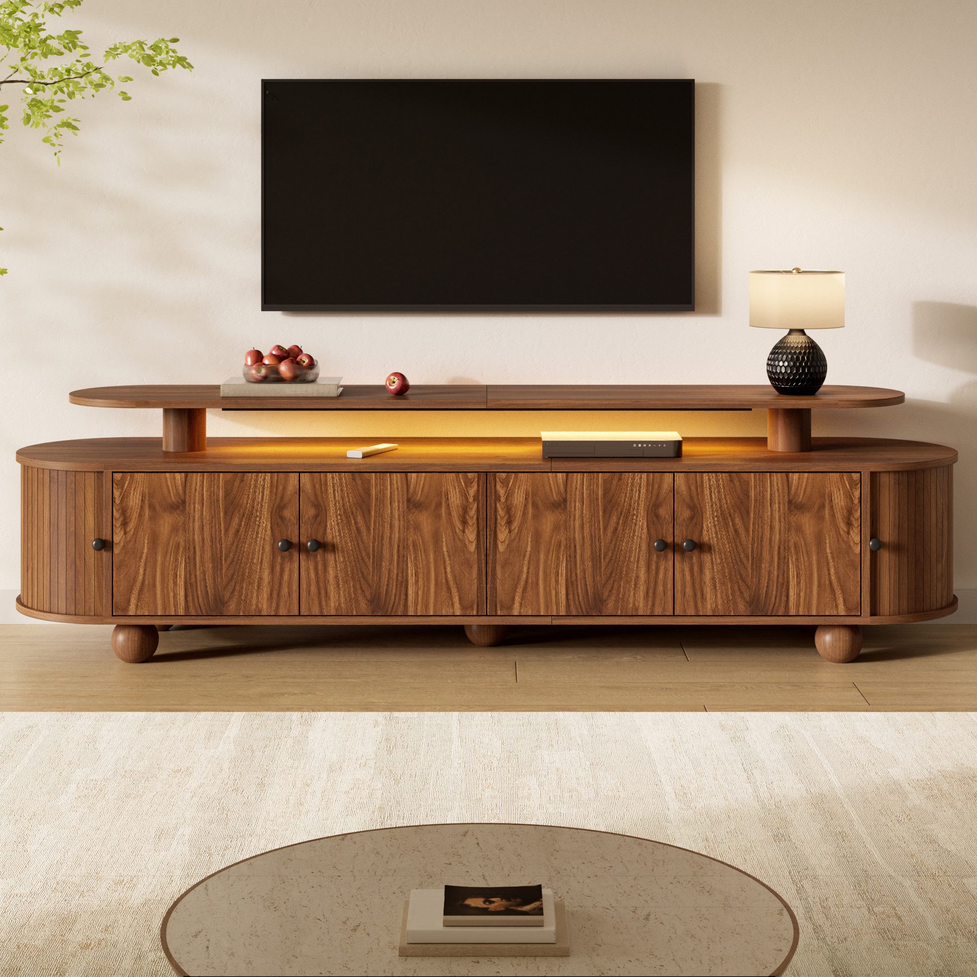 BlingBin TV-Schrank Lowboard TV Ständer mit Stauraum und LED,Walnussfarben,180x40 cm (1 Packung, 1-St., 4 Scharniertür,2 seitlichen Schiebetüren,Kabeldurchlässe,Metallgriffen) Fernsehschrank Modern Retro,für Wohnzimmer Schlafzimmer