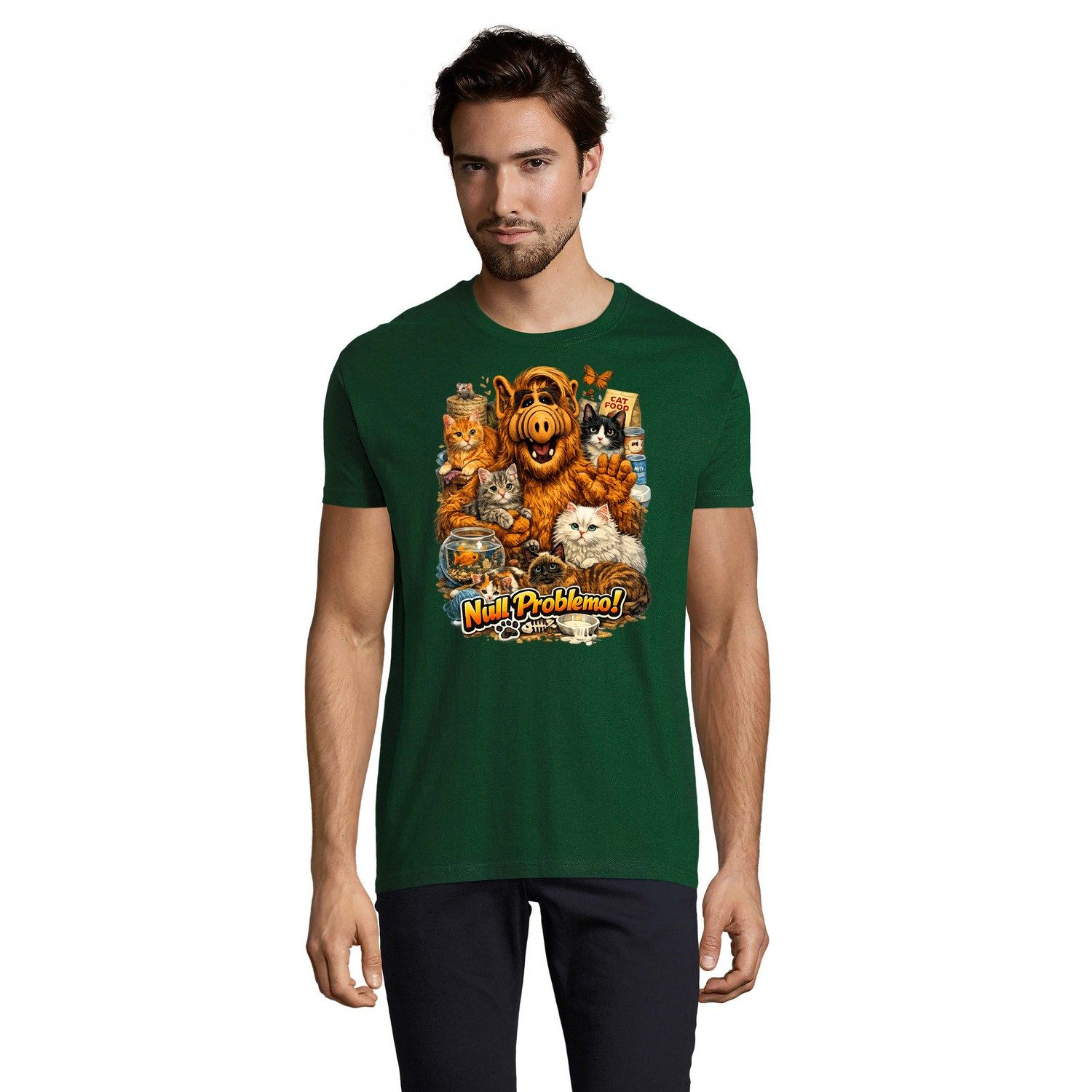 Blondie & Brownie T-Shirt Alien Katzen Herren T-Shirt Null Problemo Retro Comic Print Tierfans (Einzelstück, Einzelartikel) AlfNullProblemo Herren Tee Retro