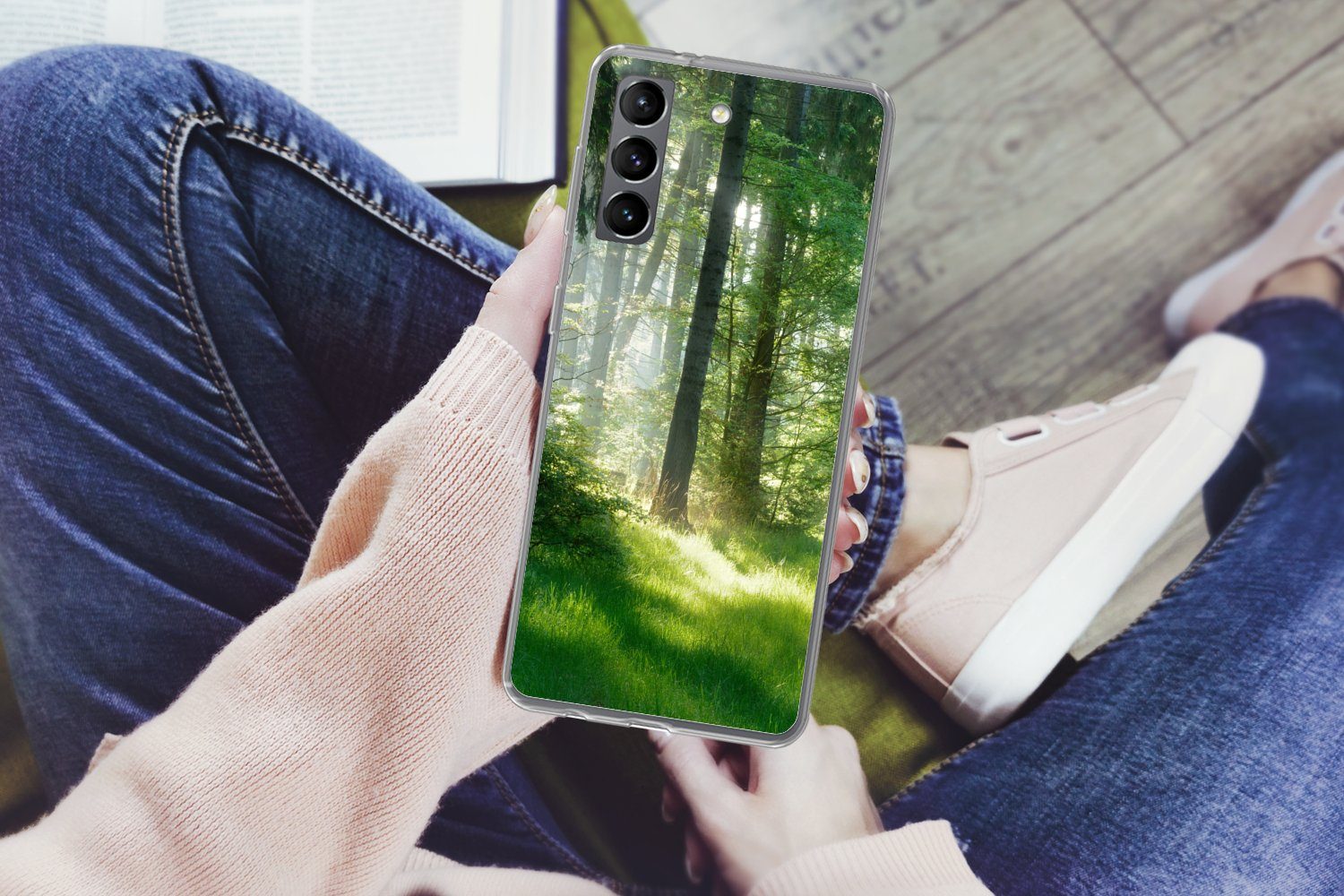 MuchoWow Handyhülle für Samsung Galaxy S21 Plus Natur - Bäume - Wald - Grün - Sonne - Gras, Phone Case, Silikon, Schutzhülle Dünn