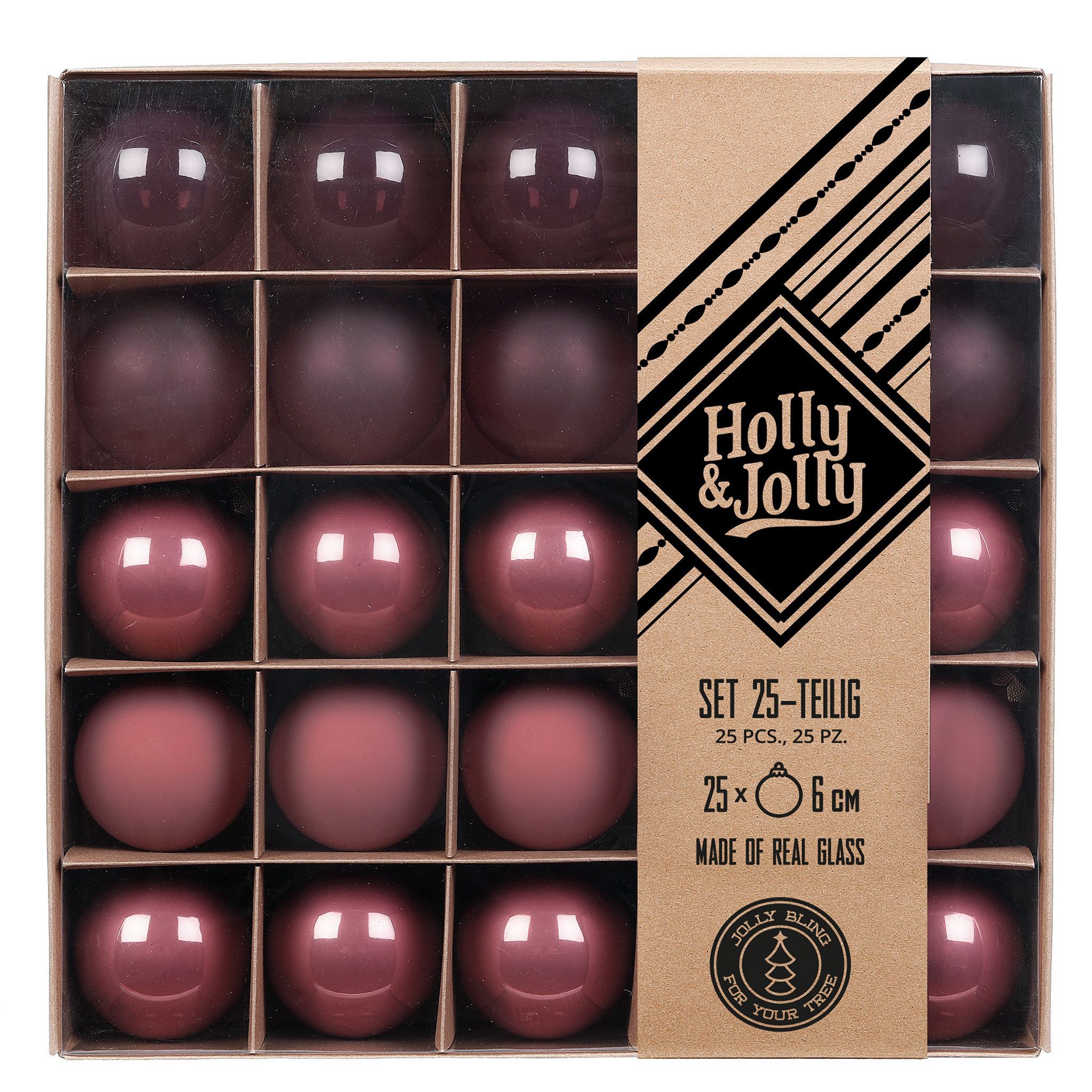 Holly & Jolly Weihnachtsbaumkugel, Weihnachtskugeln Glas 6cm 25er Set - Dusty Rose teils transparent