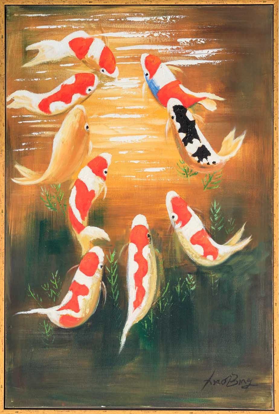 Aubaho Ölgemälde Original Ölgemälde Kois Fische Teich Aquarium Karpfen