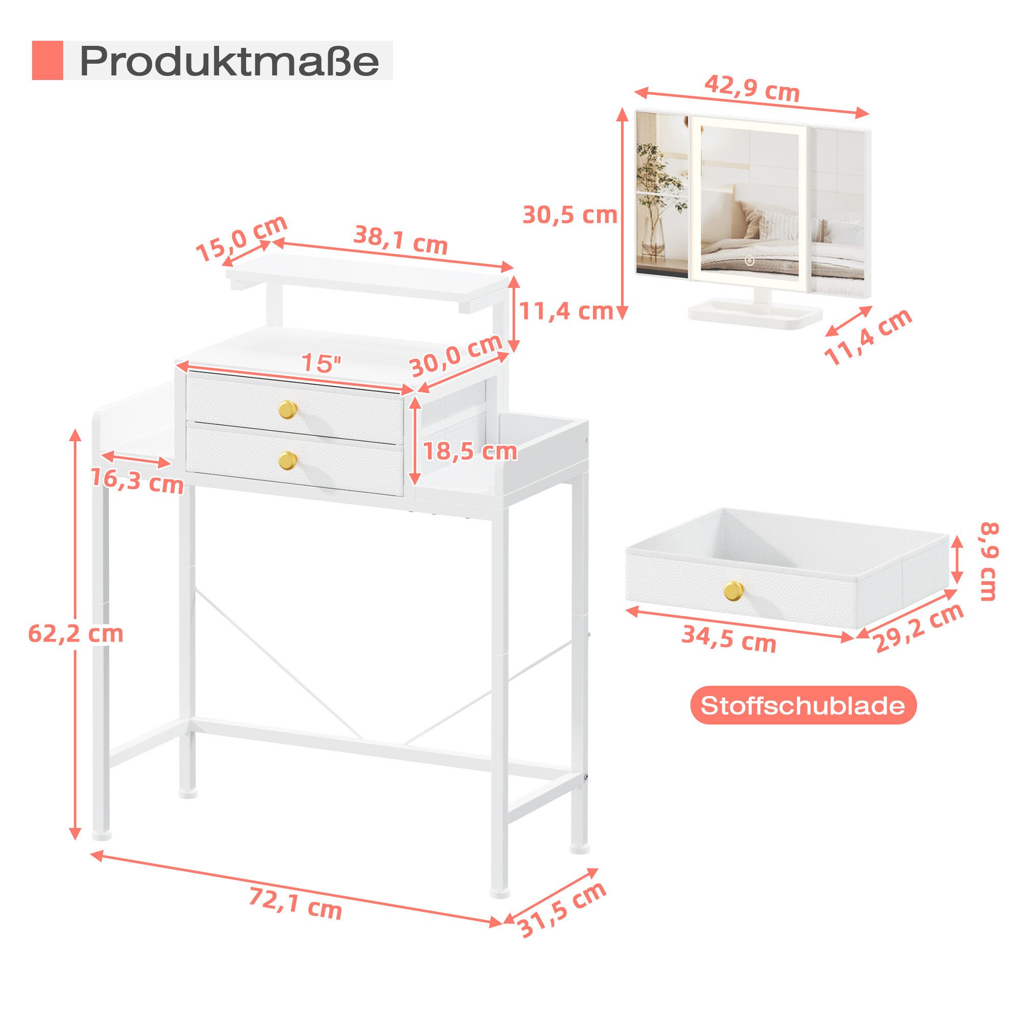 OYRREU Schminktisch inkl. 3-fach Spiegel mit Beleuchtung, Schreibtisch, Beistelltisch weiß (Schminkkommode 1-St), Kosmetiktisch, Stoffschubladen, platzsparend, Kompaktes Design