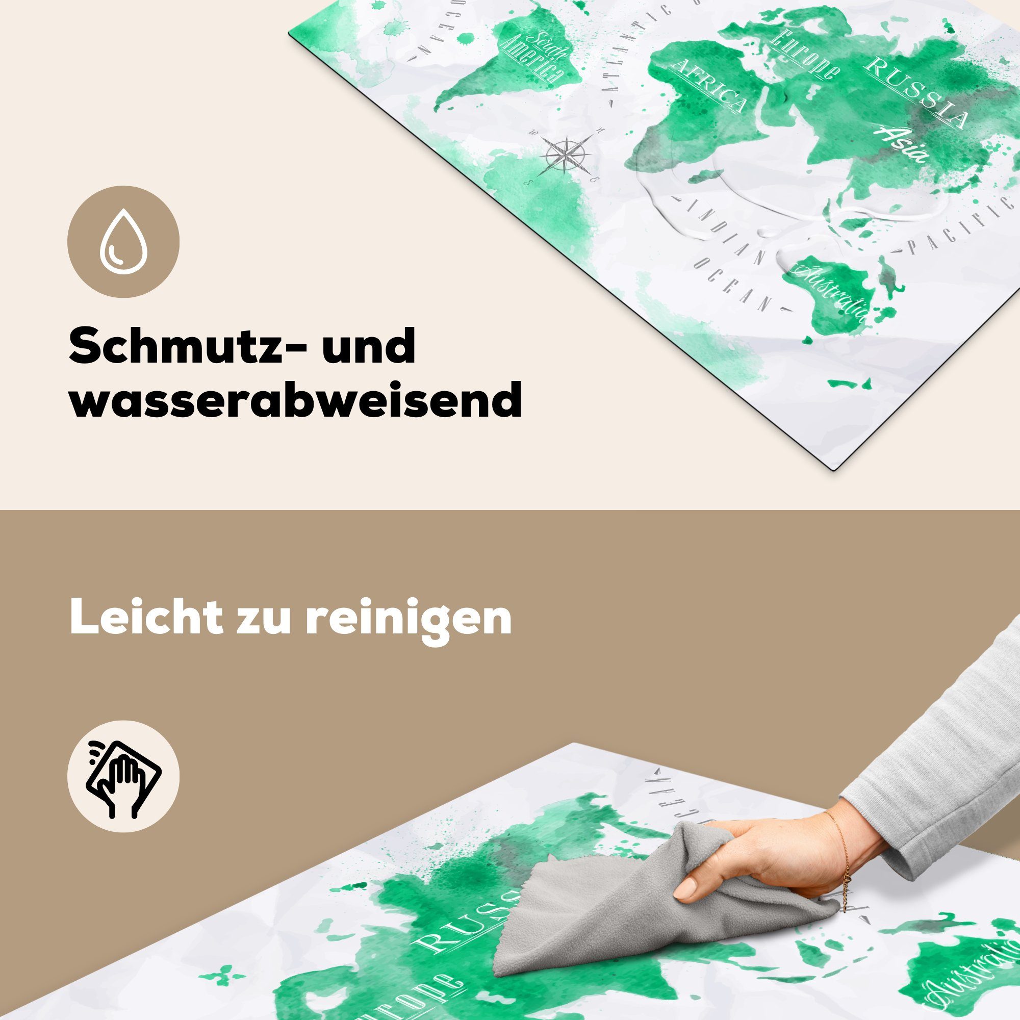 Weltkarte MuchoWow Induktionskochfeld für Schutz die Herdblende-/Abdeckplatte tlg), küche, (1 Grün, - Vinyl, cm, Ceranfeldabdeckung 81x52 - Ölfarbe