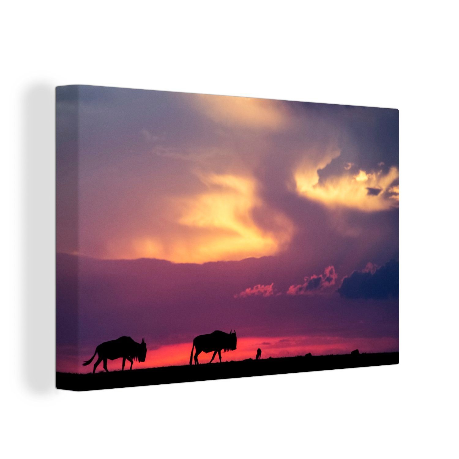 cm Leinwandbild 30x20 Wanddeko, Wandbild mit Gnus, zwei Silhouetten Sonnenuntergang OneMillionCanvasses® (1 St), Leinwandbilder, eines Aufhängefertig,