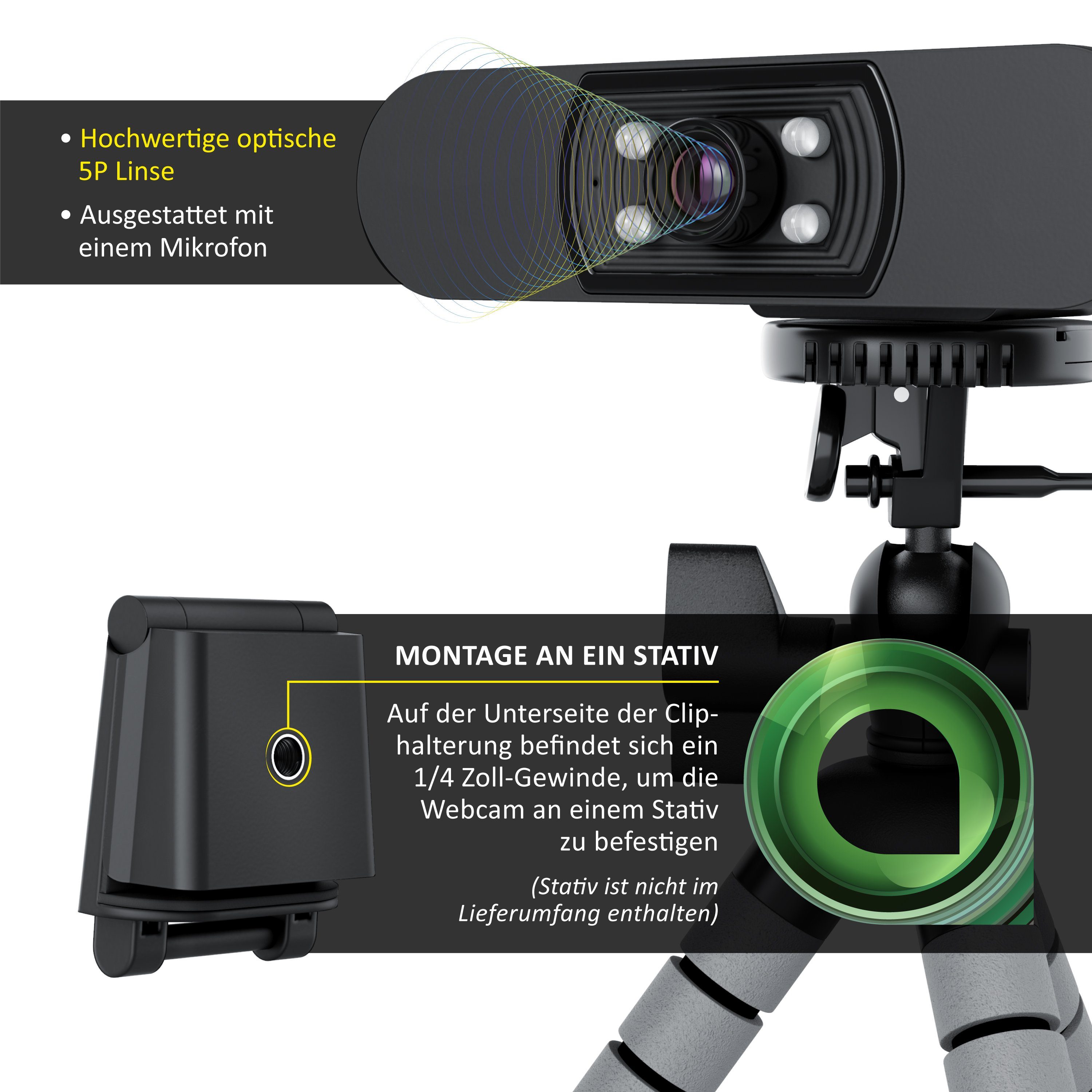 Aplic Full HD-Webcam (1920x1080P @ 30Hz, 4 Hilfslichter, Szenelicht, Mikrofon, Stativgewinde)