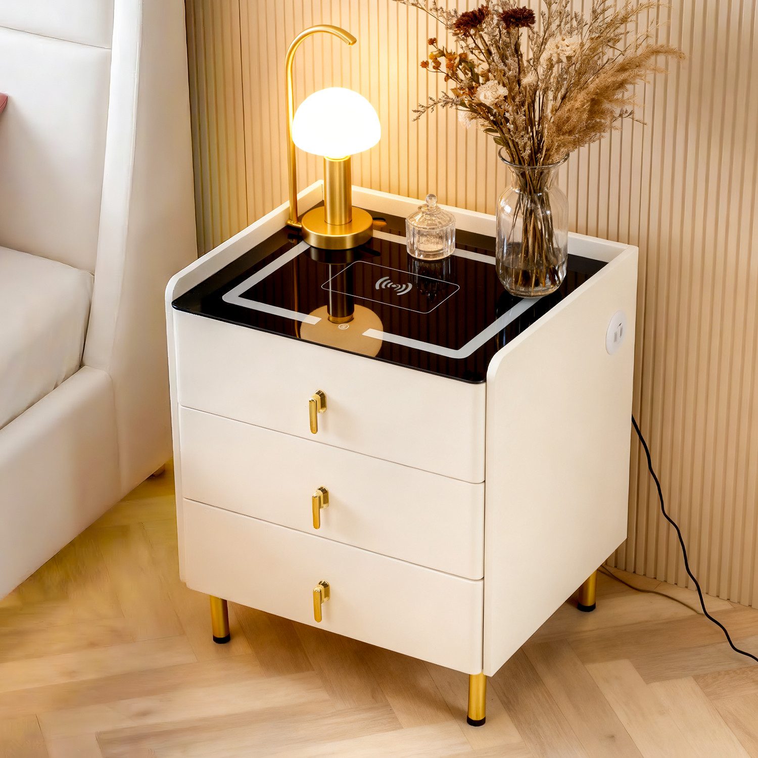 oyajia Nachttisch Nachttisch mit LED-Beleuchtung, mit 15W Kabelloses Laden,Beistelltisch (Schlafzimmer Nachttisch), Touch-Sensor-Licht, Modern Hochglanz Nachtschrank mit 2/3 Schubladen