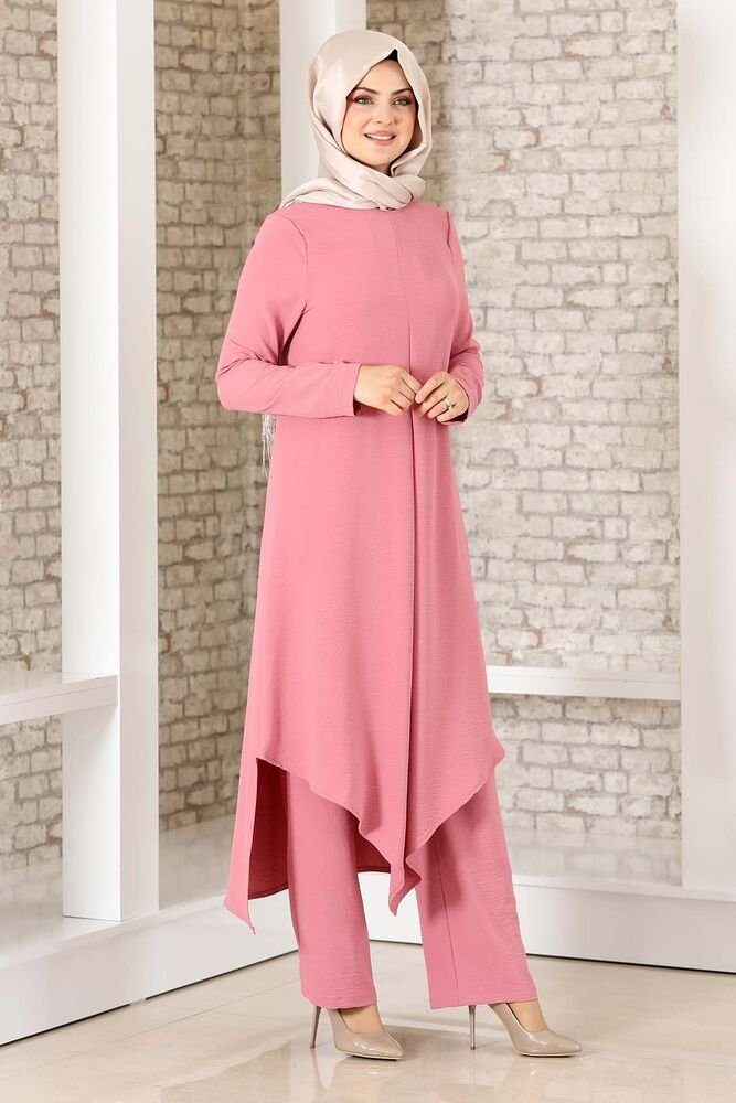 Hose Tunika Zweiteiler mit Kleidung Hijab Longtunika Modavitrini Anzug lange voll Rosa Damen bedeckt