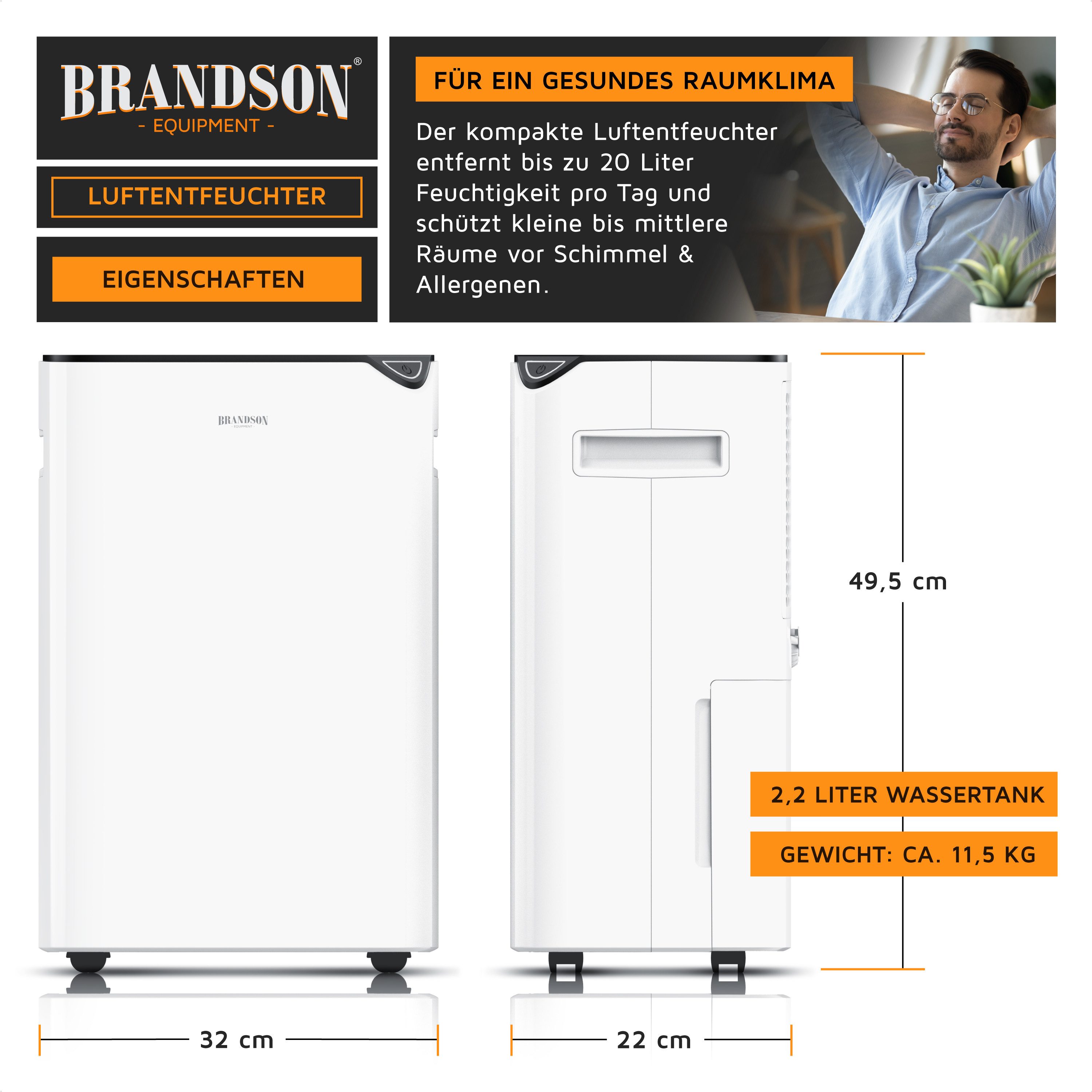 Brandson Luftentfeuchter Kompressor, 20L/24h, Raumentfeuchter, 40m², Automatik, Timer, Entfeuchtung 20 l/Tag, Tank 2.2 l, Ablaufschlauch, zum Wäschetrocknen, 2,2 l Tank, Defrost, mit Rollen