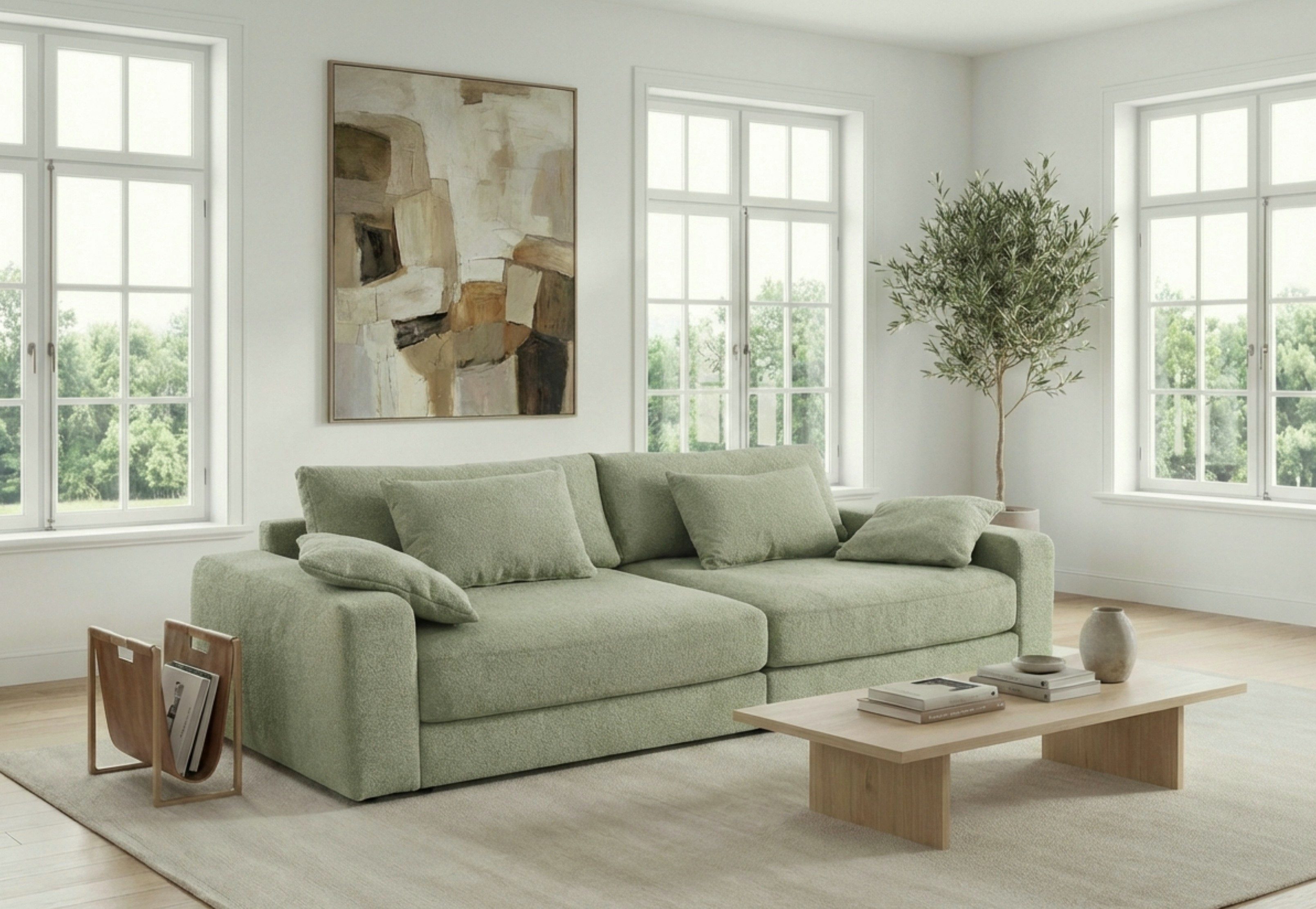 luma-home Big-Sofa 15247, Lounge Couch B290/T135/H90 cm, extratiefe Sitzfläche, Bonellfederkern-Polsterung,weicher robuster Flachgewebe-Bezug Hellgrün