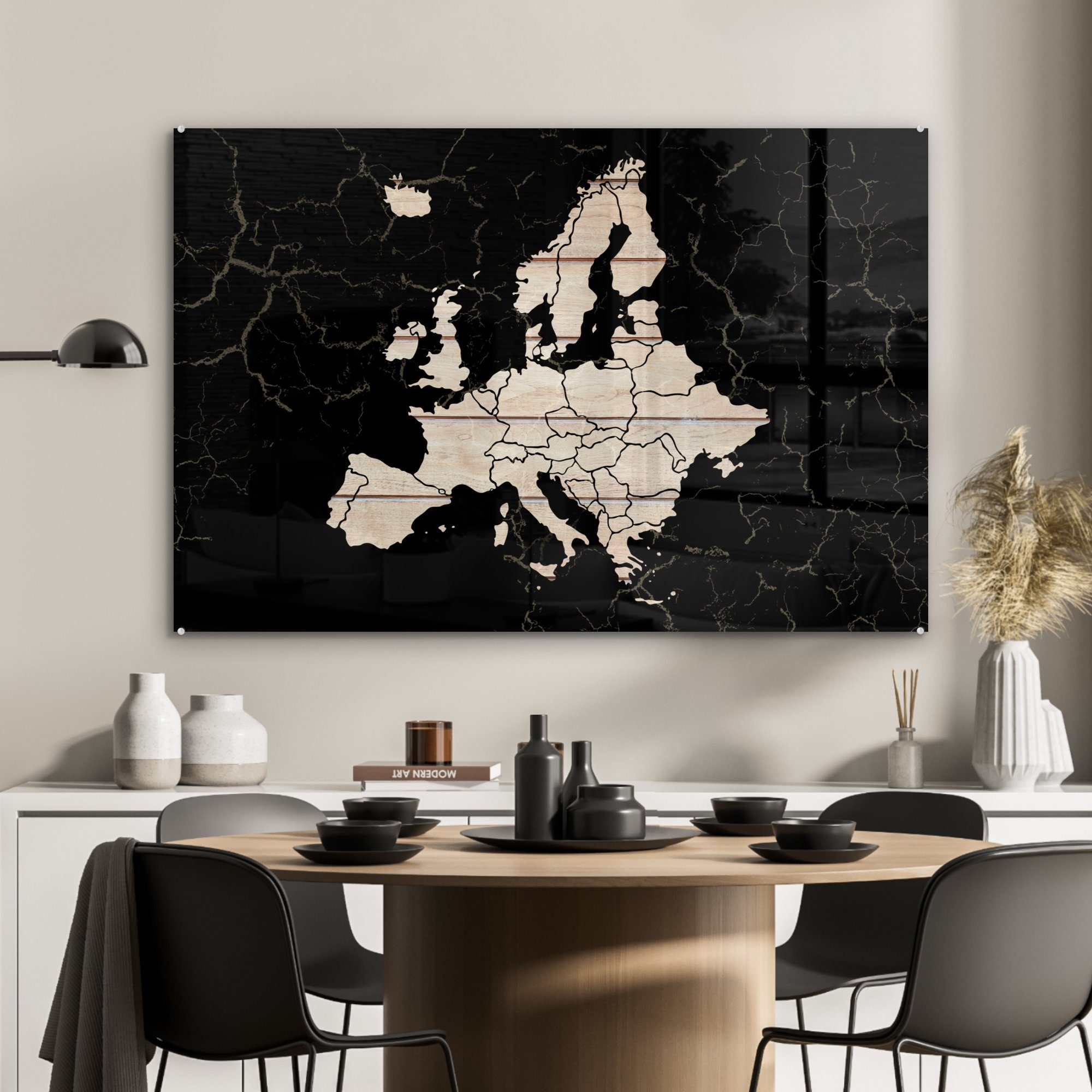 - Europa MuchoWow & Schwarz Karte Wohnzimmer Acrylglasbild (1 Acrylglasbilder Holz, von - St), Schlafzimmer