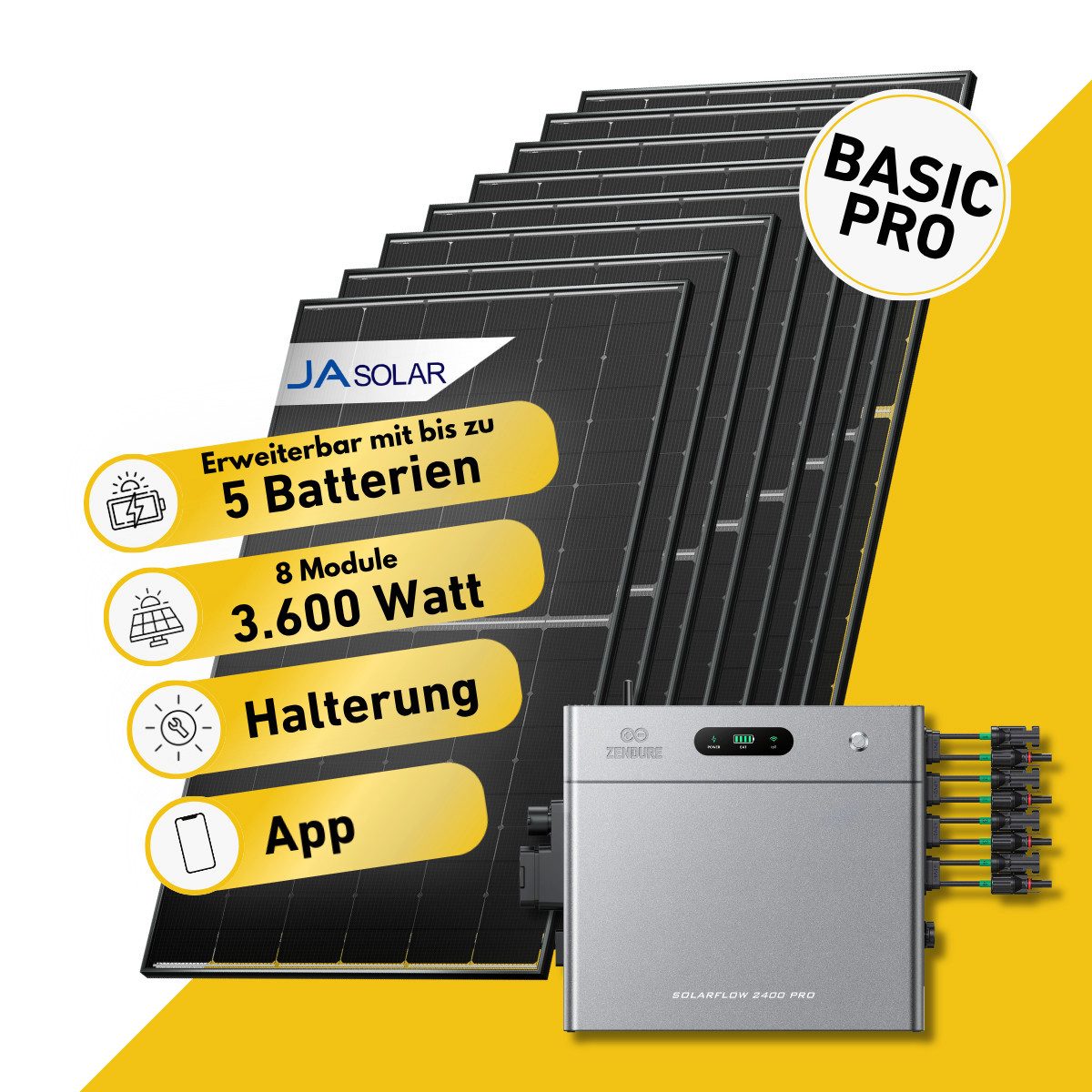 Balkonstrom Balkonkraftwerk Basic Pro 3600W Solaranlage mit Speicher Komplettset Bifazial, 3600 W, Monokristallin, (8x JA Solarmodul á 450 Watt, 1x Zendure SolarFlow 2400 Pro 2, 1-5 Zusatzspeicher AB3000L), Halterung für Dach, Fassade, Balkon & Garten, App & Plug&Play DE