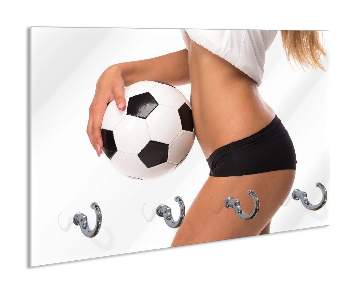 Wallario Handtuchhalter Fußball - sexy Frau mit einem Fußball, aus Glas mit 4 Metallhaken