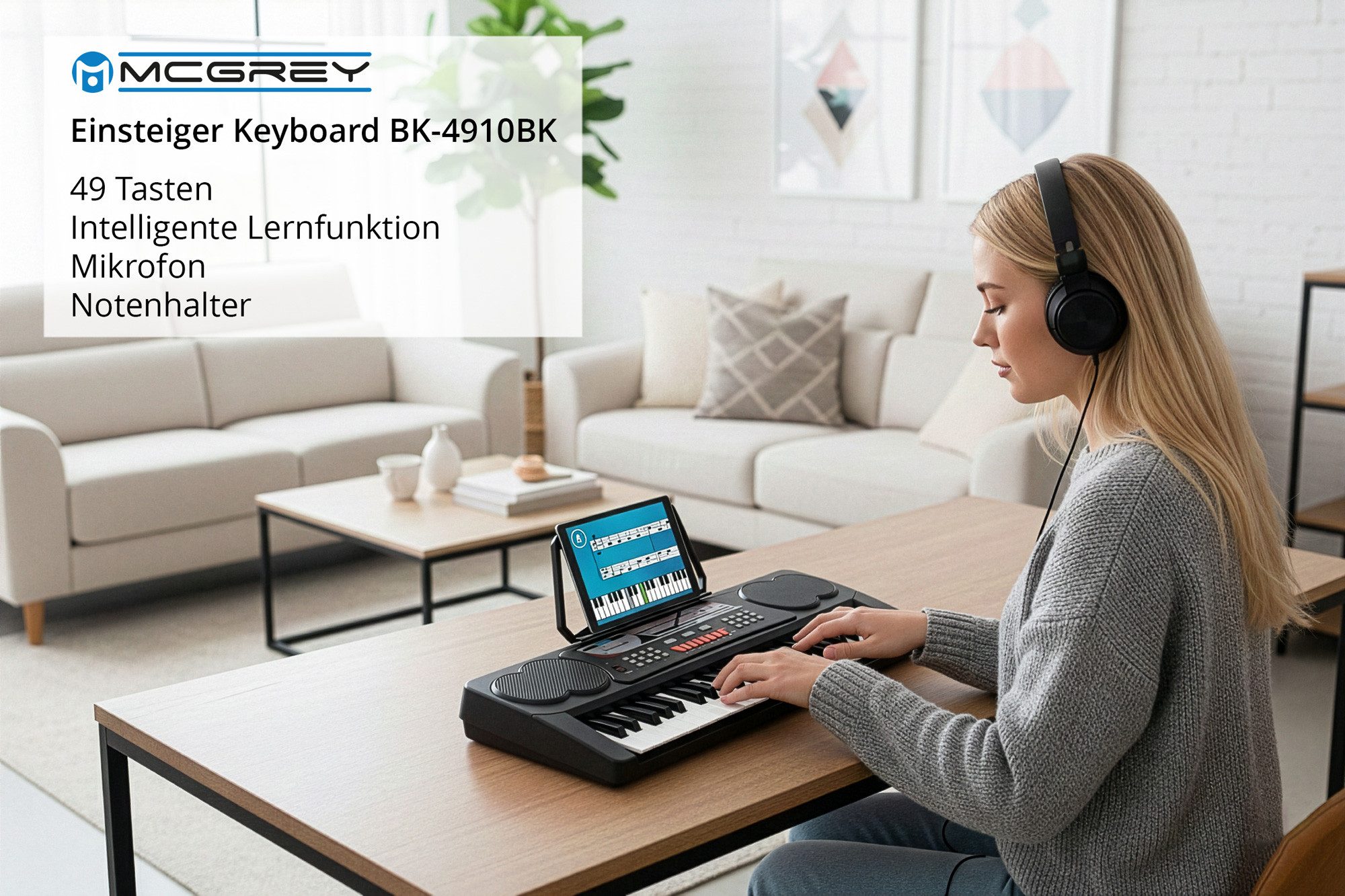 McGrey Home-Keyboard BK-4910 Einsteigerkeyboard mit 49 Tasten (2-St., inkl. Mikrofon für Gesang und Notenständer), mit 16 Sounds, 10 Rhythmen und Lernfunktion