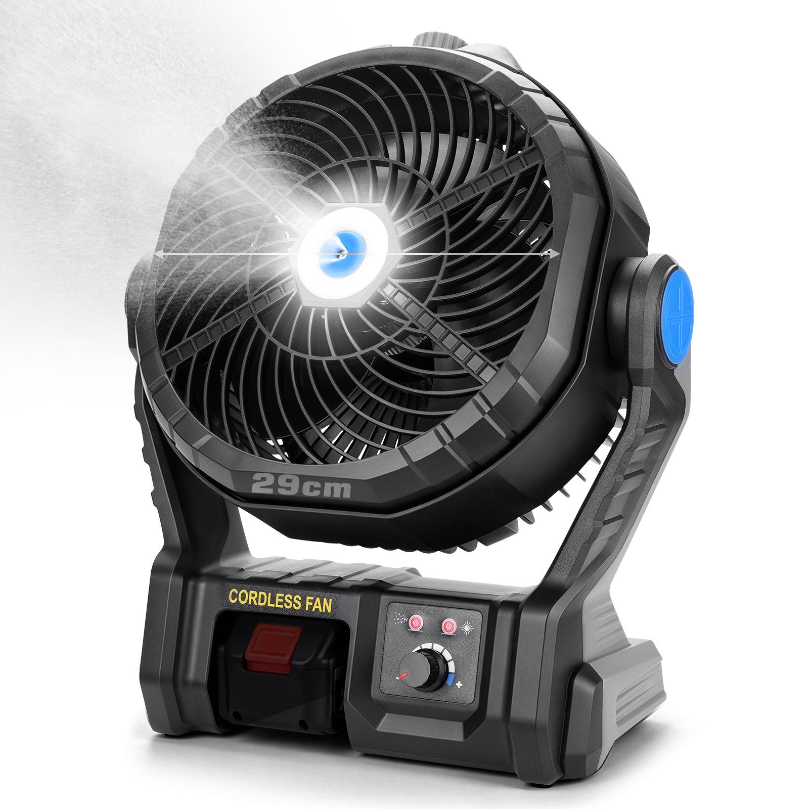 XERSEK Tischventilator 2‑in‑1 Bodenventilator mit LED Sprühnebel 4-stufige Camping Ventilator, 18 m³/min, 4500 U/min, 80ml Tank, Haken, Akku-/Netzbetrieb