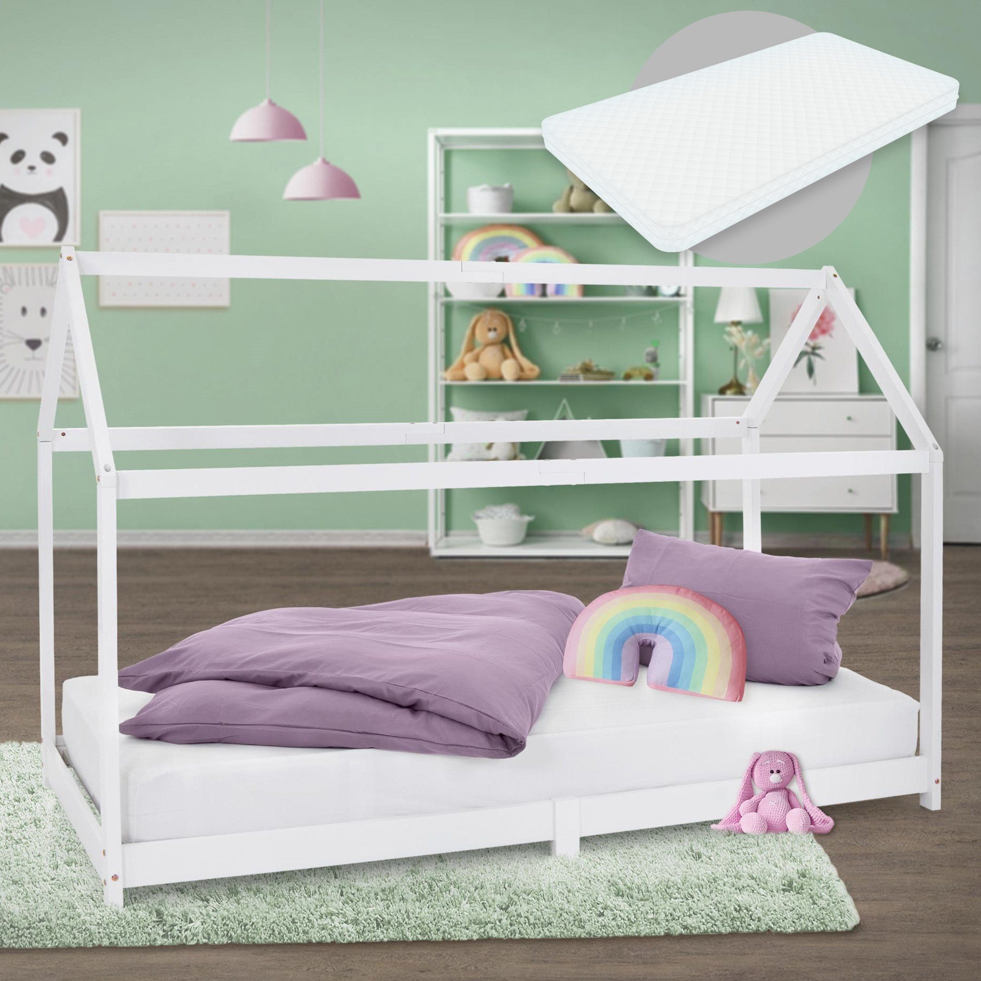 ML-DESIGN Kinderbett Kinderbett mit Dach und Lattenrost inkl. Matratze 90x200 cm Weiß aus