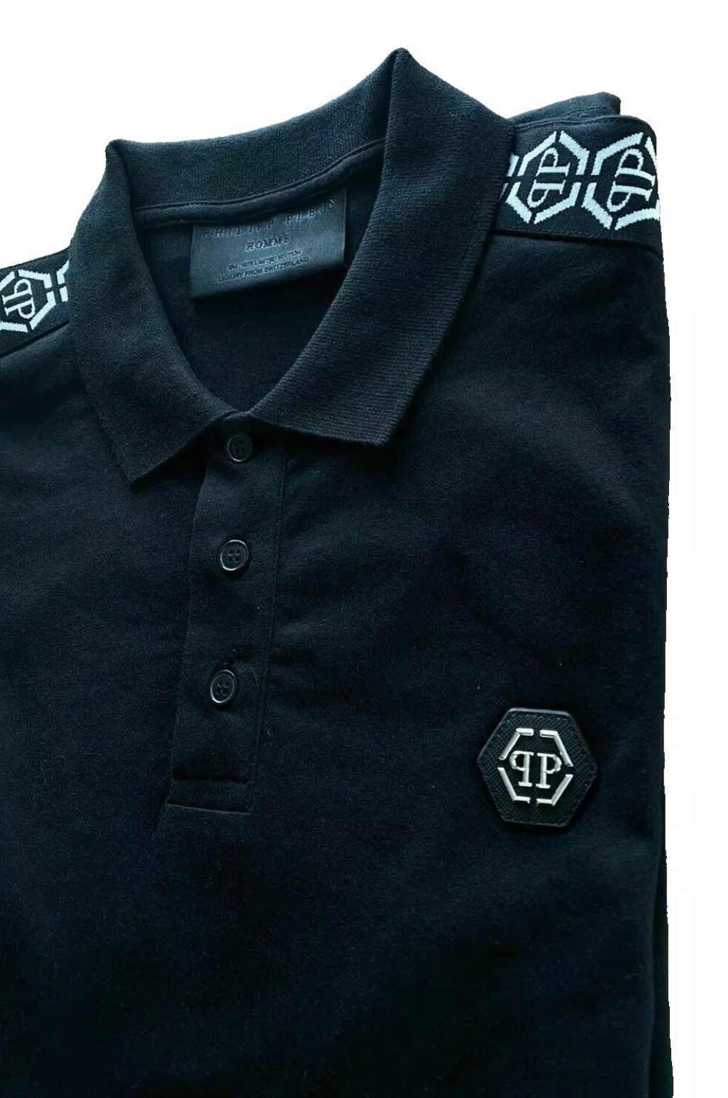 Philip Plein Poloshirt Polohemd mit Tape Streifen PP Hexagon Leder-Patch Slim Fit Doppelnadel-Nähten, ikonischen Philipp Plein Tape-Streifen