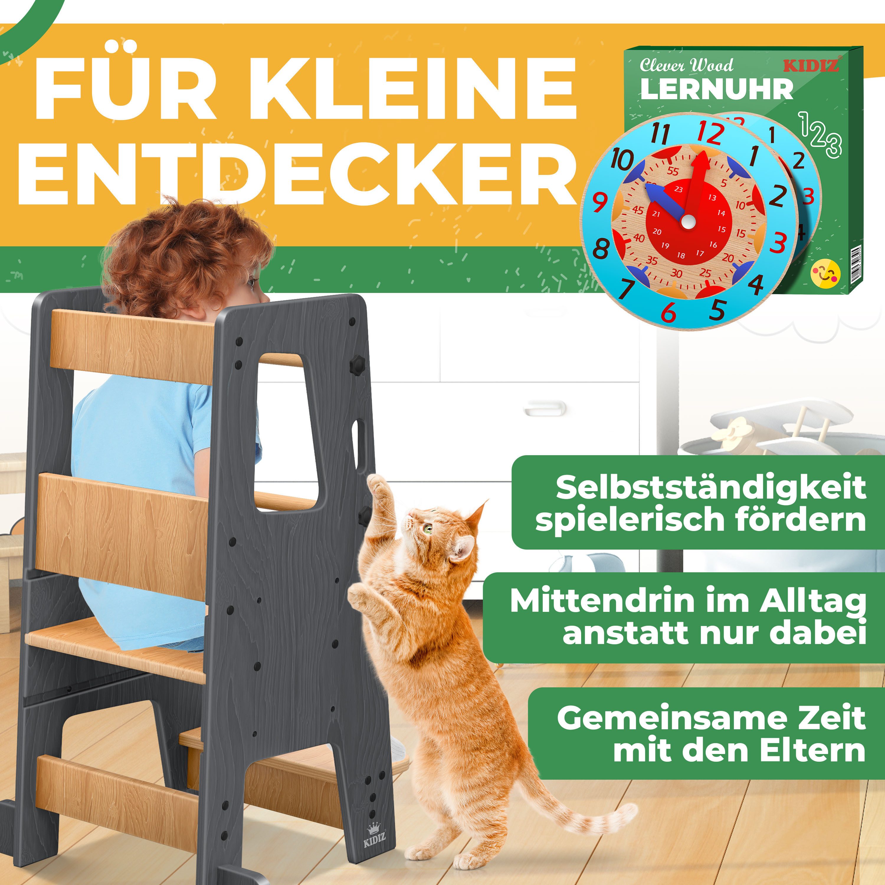 KIDIZ Stehhilfe (Tritthocker inklusive Lernuhr & abnehmbarer Anti-Kipp-Schutz), 3-stufig Höhenverstellbar, spielerisch motorische Fähigkeiten fördern