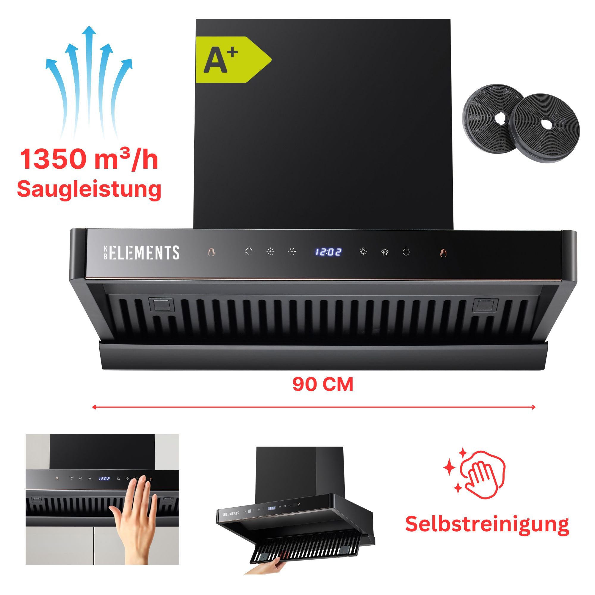 KB Elements Wandhaube Dunstabzugshaube 90 CM, ELK152H90 Dunstabzugshaube 90 CM, ELK152H90, 1350 m³/h Saugleistung, Automatische Wärme-Reinigung