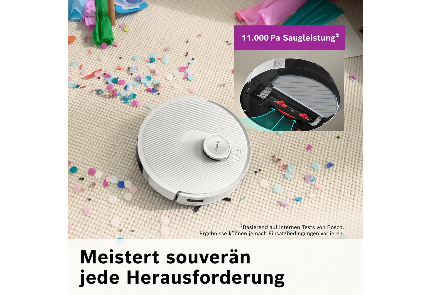 BOSCH Saugroboter Spotless BCRD1W, Saugroboter mit Wischfunktion, 11.000 Pa Saugkraft, 60 W, beutellos, Trocken-Servicestation, Infrarot Navigation, Carbon Bürste weiß
