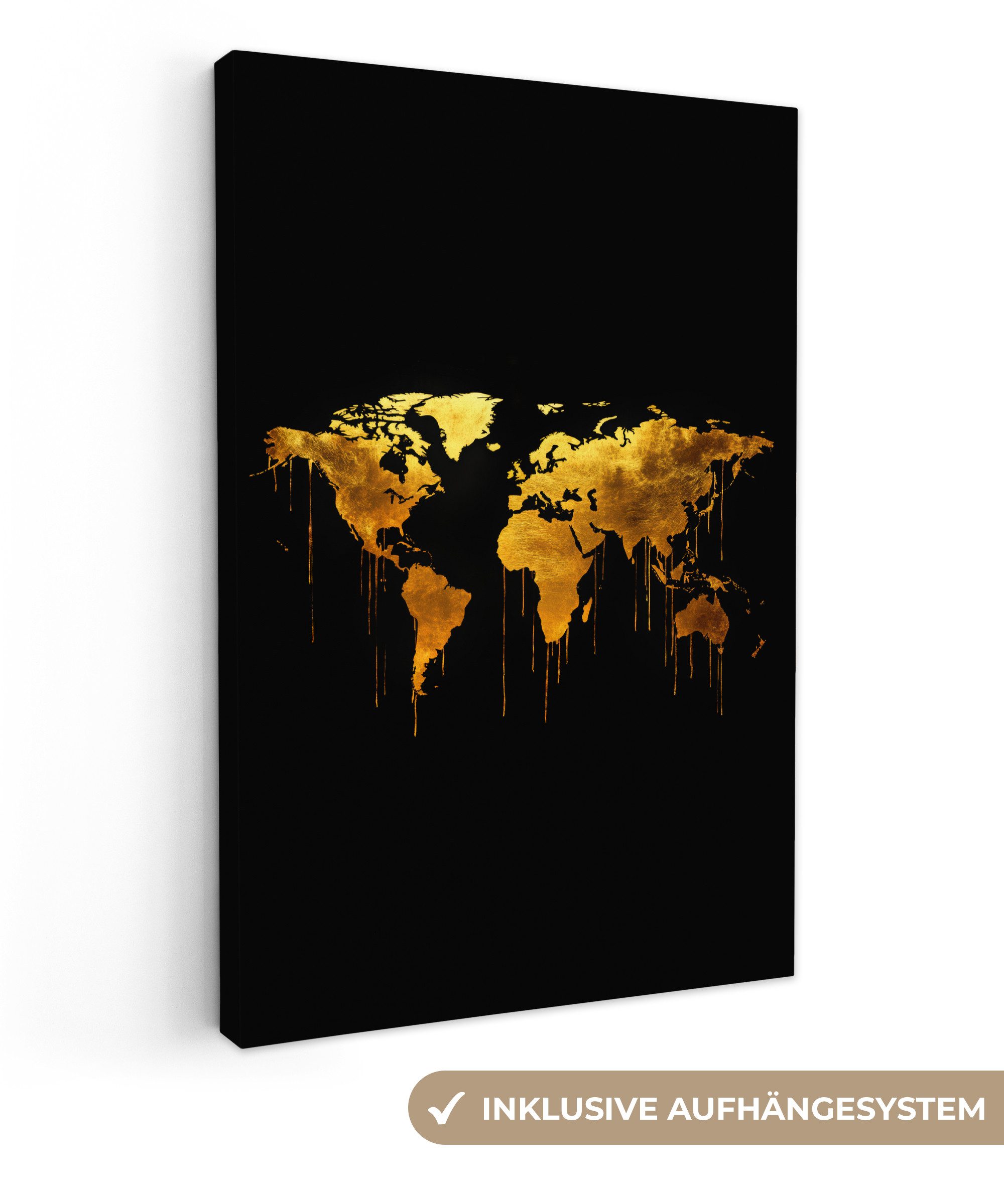 OneMillionCanvasses® Leinwandbild Weltkarte - Gold - Tropfend - Schwarz, Fotodruck (1 St), Leinwand Canvas Wandbild, Wanddekoration 20x30 cm
