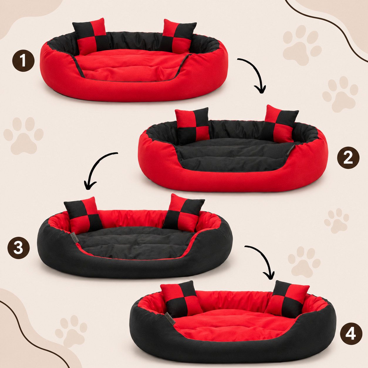 belviona Tierkissen, Hundekörbchen wasserabweisend, 65x50 cm, rot/schwarz, Oxford, Hundebett mit Wendekissen, tiefer Einstieg & 2 Spielkissen