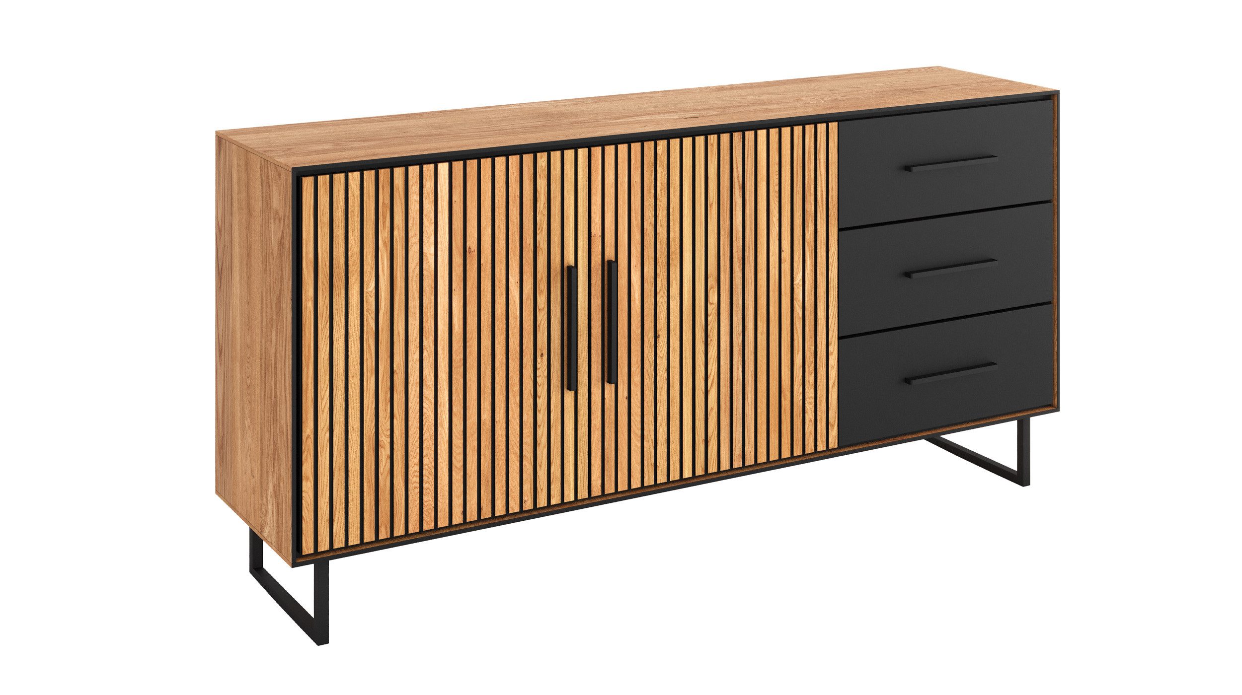 Massivart® Sideboard BELLA 163 cm / Eiche Massivholz geölt / Metallgriffe schwarz, 2 Türen / 3 Schubladen / 2 Полки / Soft-Close
