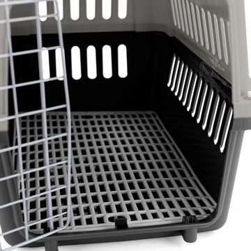 RAMROXX Tiertransportbox Transportbox mit Tür für Hund Katze usw. Grau Schwarz 30x48x31cm