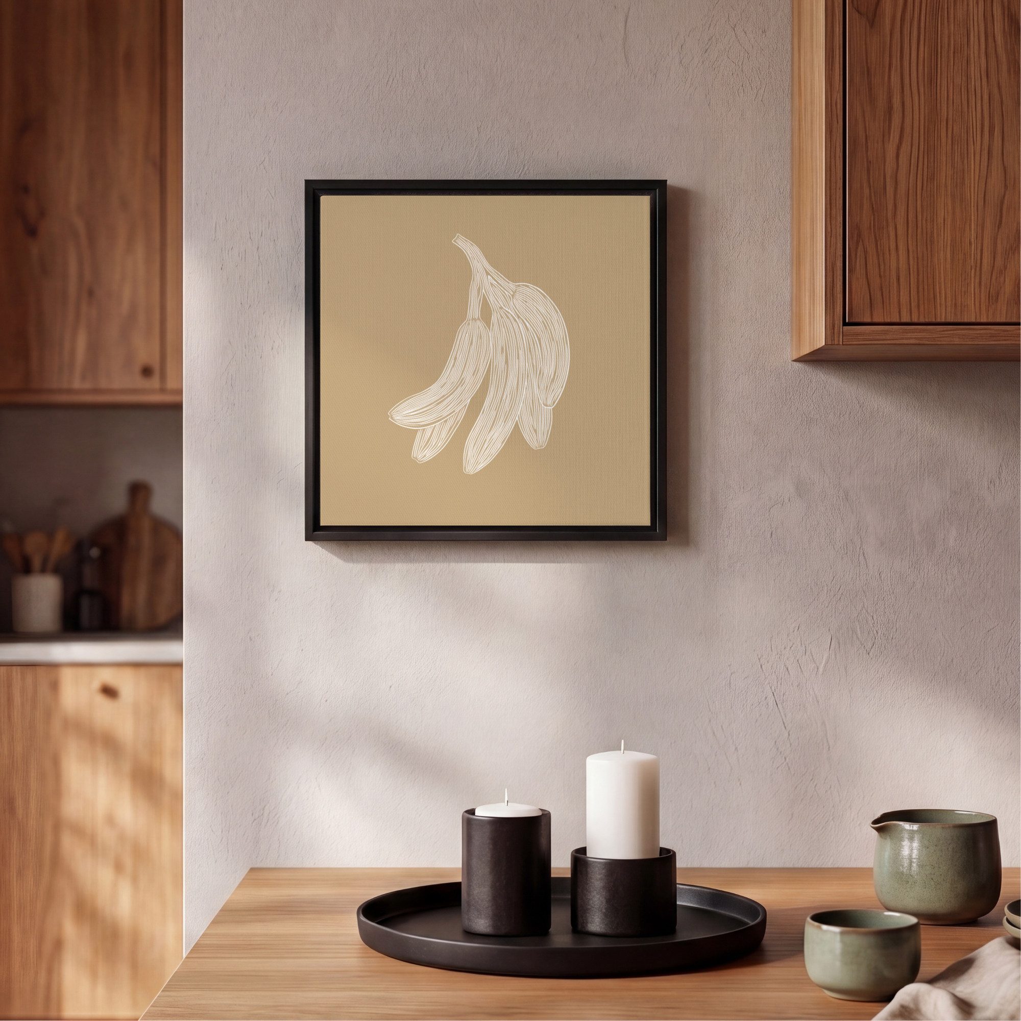 OneMillionCanvasses® Leinwandbild mit Rahmen - Bananen - Beige - Strichzeichnung - Minimalistisch, Fotodruck (1 St), Leinwand Bilder Klein, Wand Dekoration Aesthetic 20x20cm