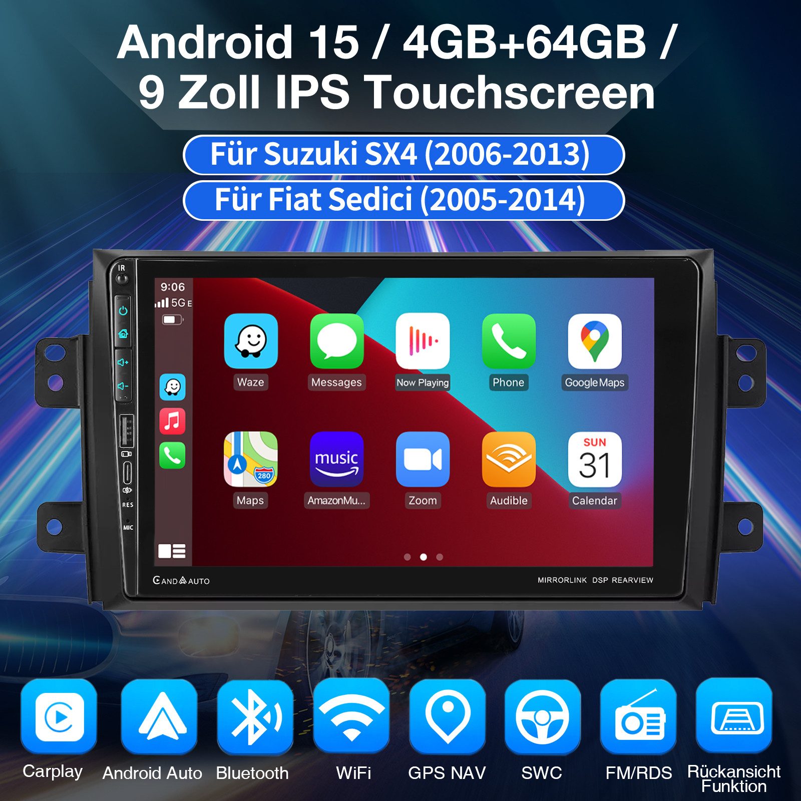 ESSGOO 64G DAB+ Für Suzuki SX4 Fiat Sedici Android15 Carplay GPS Navi mit USB Autoradio (RDS, USB Type-C, 4+64GB(optional), Digitalradio (DAB), FM, AM, Carplay Android Auto Bluetooth EQ USB GPS Navi WIFI Touchscreen)