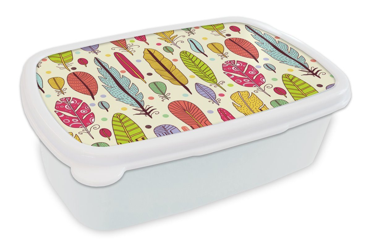 MuchoWow Lunchbox Muster - Federn - Farben - Jungen - Kinder - Kind, Kunststoff, (2-tlg), Brotbox für Kinder und Erwachsene, Brotdose, für Jungs und Mädchen weiß
