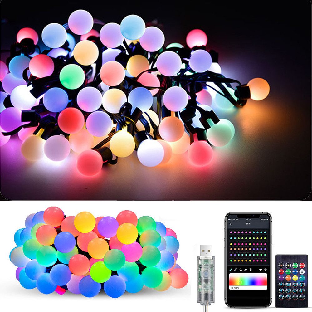 PRIISF LED Lichtleiste LED Kugeln Lichterkette Garten Deko Glühbirnen Bunt Birnen Beleuchtung, App-und-Fernbedienung, RGB Glühbirnenkette Smart Ambiente Musik Licht, Weihnachtsbeleuchtung, Balkon, Garten,Party, Hochzeit, Festival, Dekoration Kugelleuchte USB
