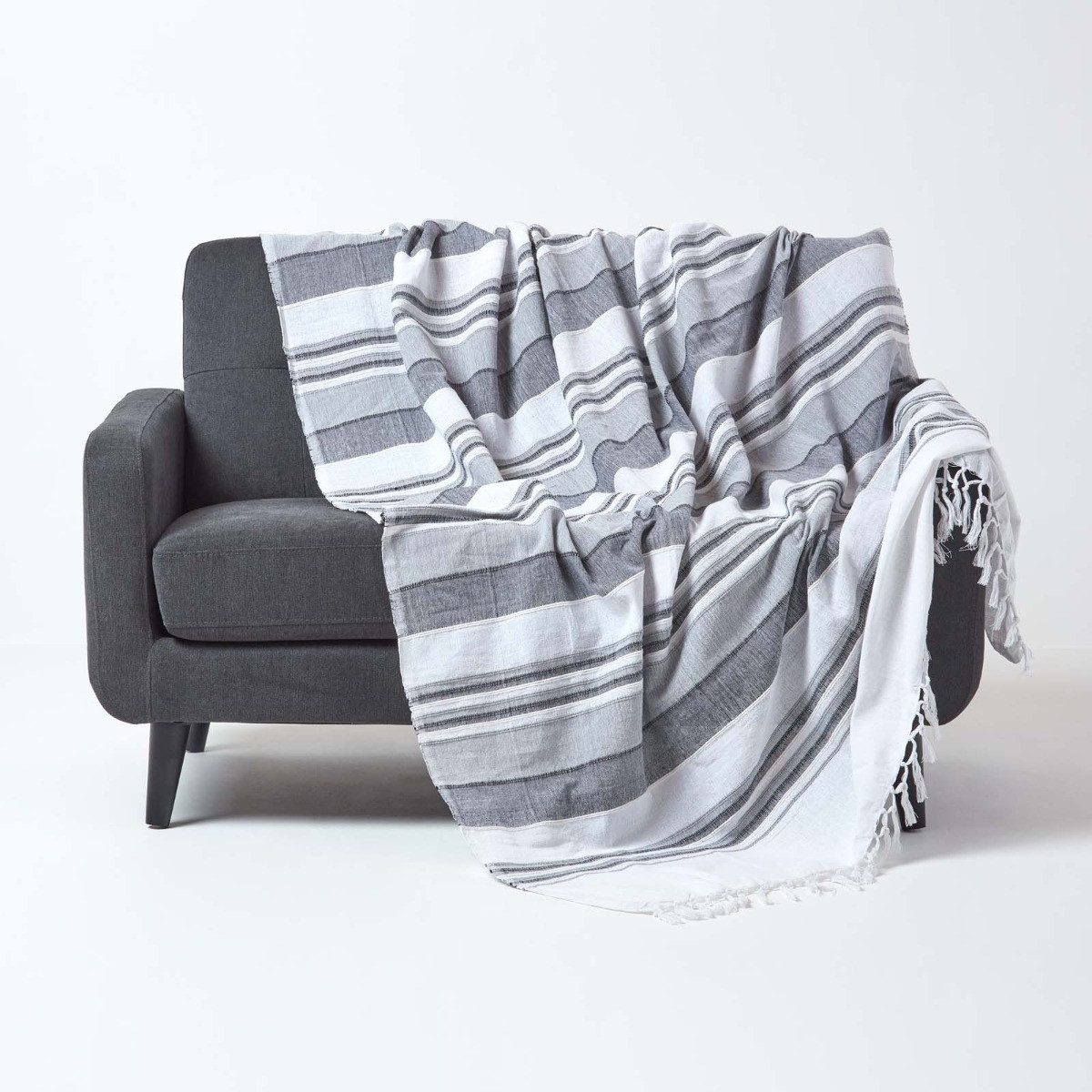 Plaid Tagesdecke Morocco, grau gestreift, 225 x 255 cm, Homescapes