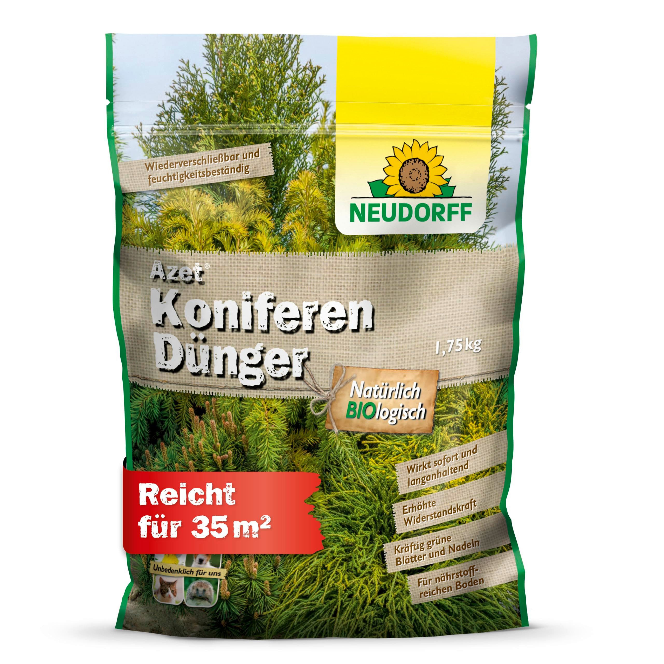 Neudorff Rasendünger Bio - Azet KoniferenDünger 1,75 kg, Granulat gleichmäßig im Wurzelbereich verteilen, leicht in die obere Bodenschicht einarbeiten und anschließend gut wässern., Thuja Dünger mit viel Eisen für kräftig-grüne Blätter und Nadeln, organis