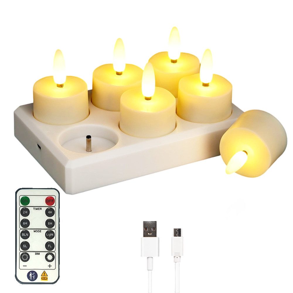 Tekoo LED-Kerze LED Teelichter mit Ladestation, 6er Set mit Fernbedienung & Timer (Set, 6-teiliges Set), USB-C Aufladung, Überladeschutz, 12-Tasten Fernbedienung