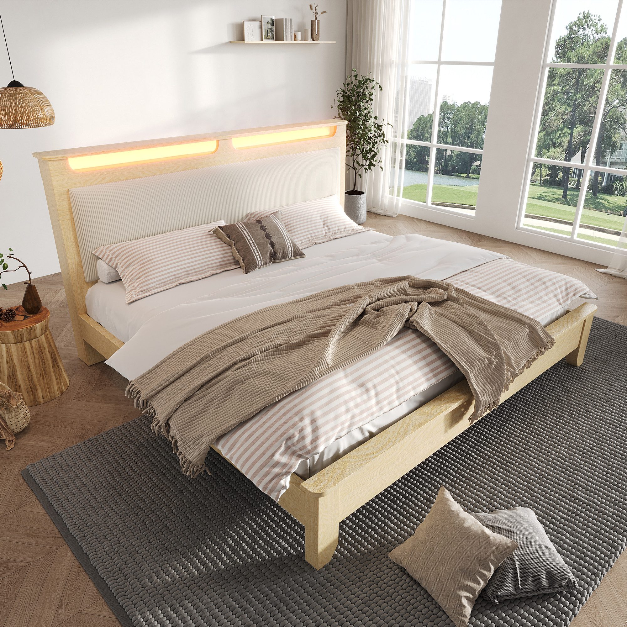MODFU Holzbett Eichenrahmen und Cordstoffpolsterung (Doppelbett, Bettrahmen mit Holzlatten, 1-tlg., 140×200cm, ohne Matratze, ohne Bettbank), mit LED-Beleuchtung, Cordpolster-Rückenlehne