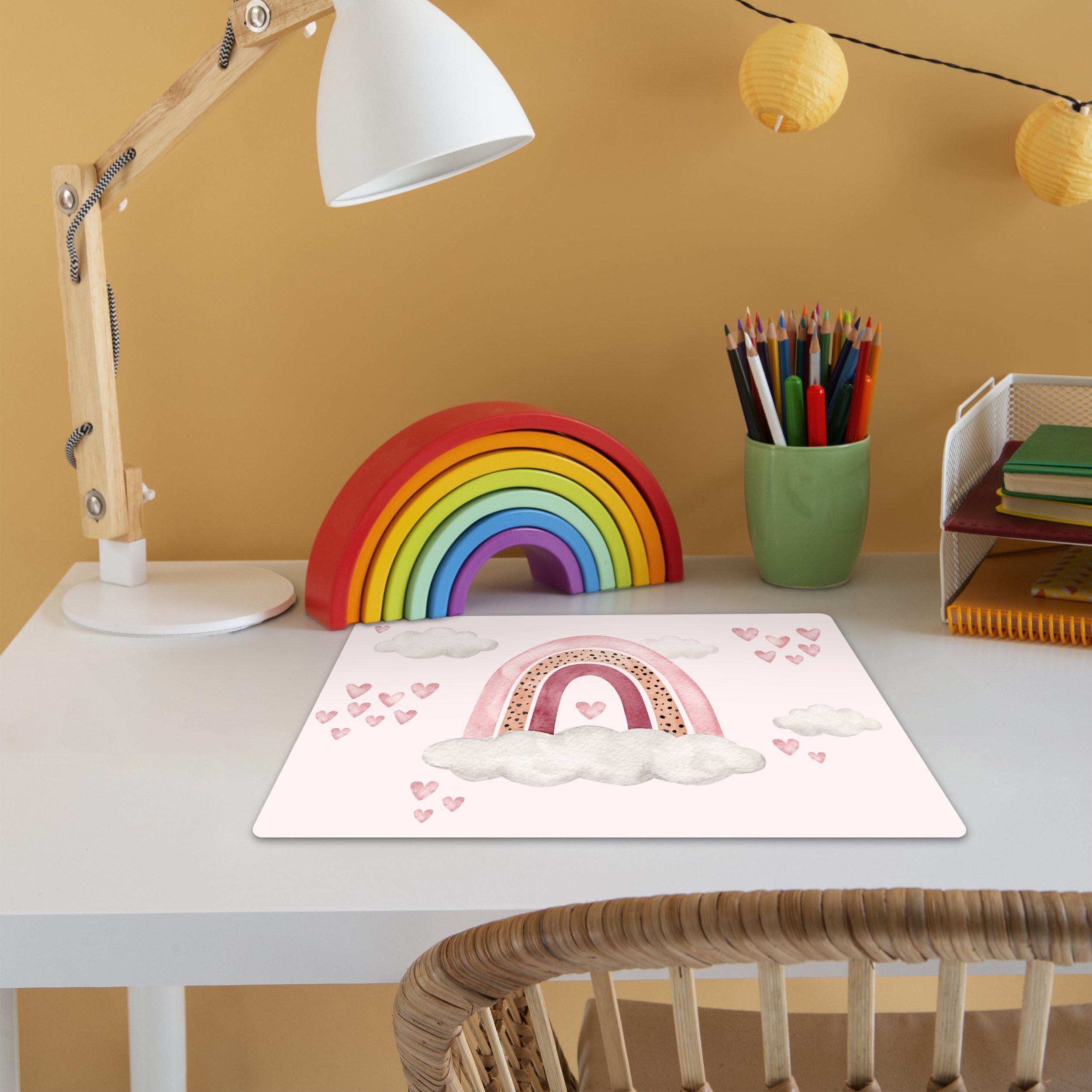 MuchoWow Platzset Regenbogen - Herzen - Rosa - Aquarell - Mädchen, (1-St), Kinder-Arbeitsunterlage Schreibtisch, Bastelmatte Kind, Zeichenmatte – Bild 3 von 5