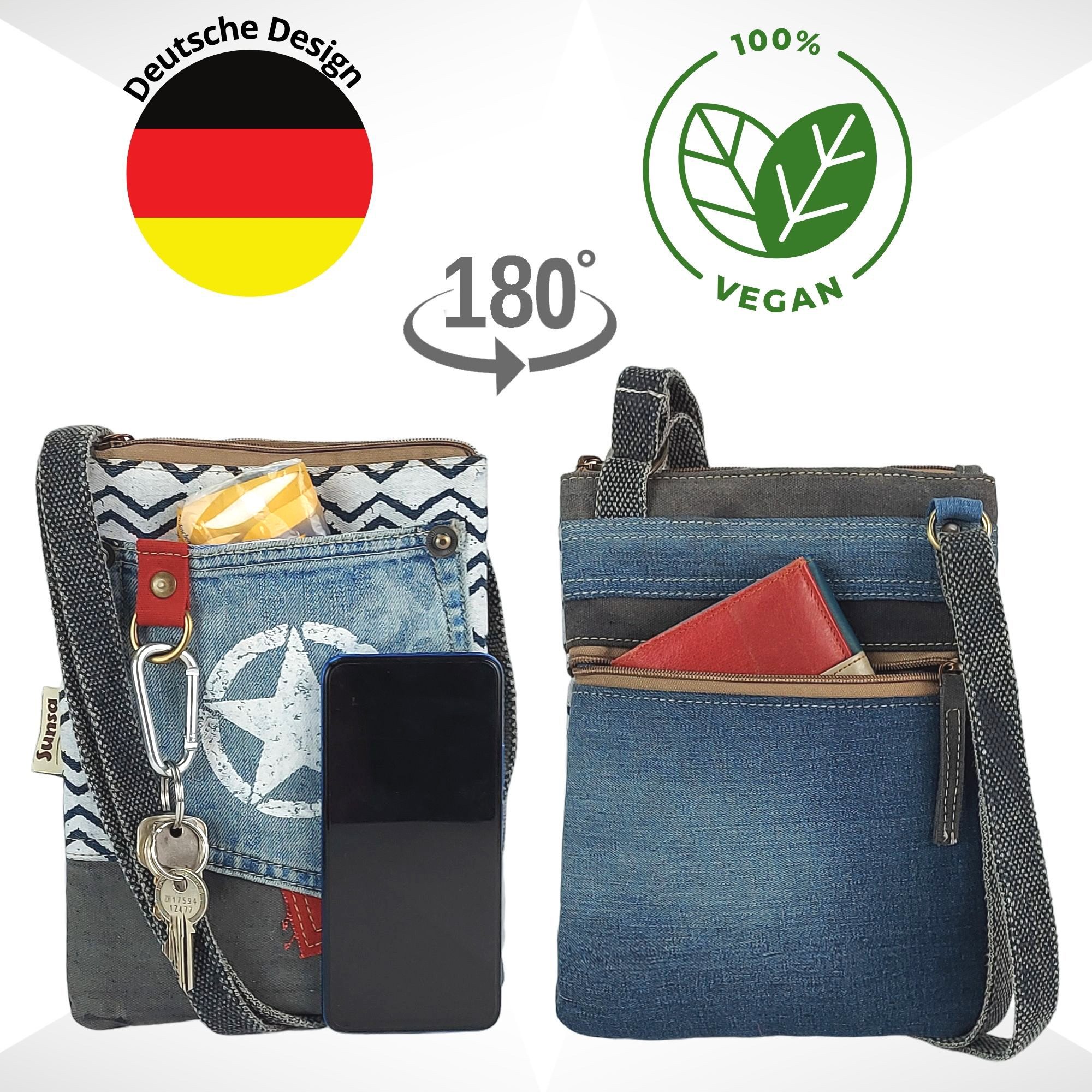 Sunsa Umhängetasche Nachhaltige Canvas Umhängetasche. Recycelte Jeans Crossbody Bag, Vegan