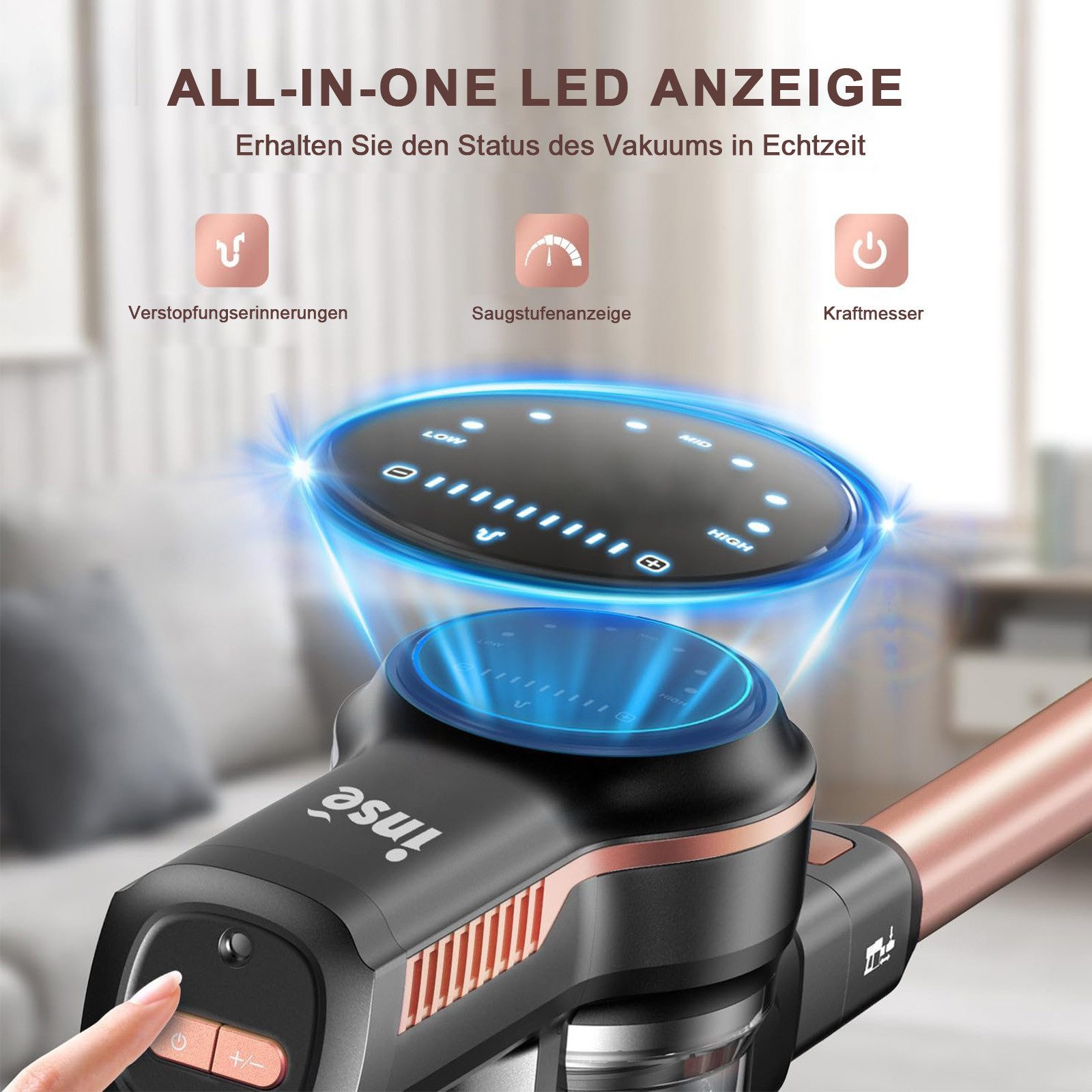 INSE Akku-Hand-und Stielstaubsauger 50000Pa,AkkuStaubsauger 60 Minuten, 1.2L,3 HEPA Filter Akkusauger, Akku Staubsauger, LED-Anzeige,3 Saugstufen,Handstaubsauger Kabelloser