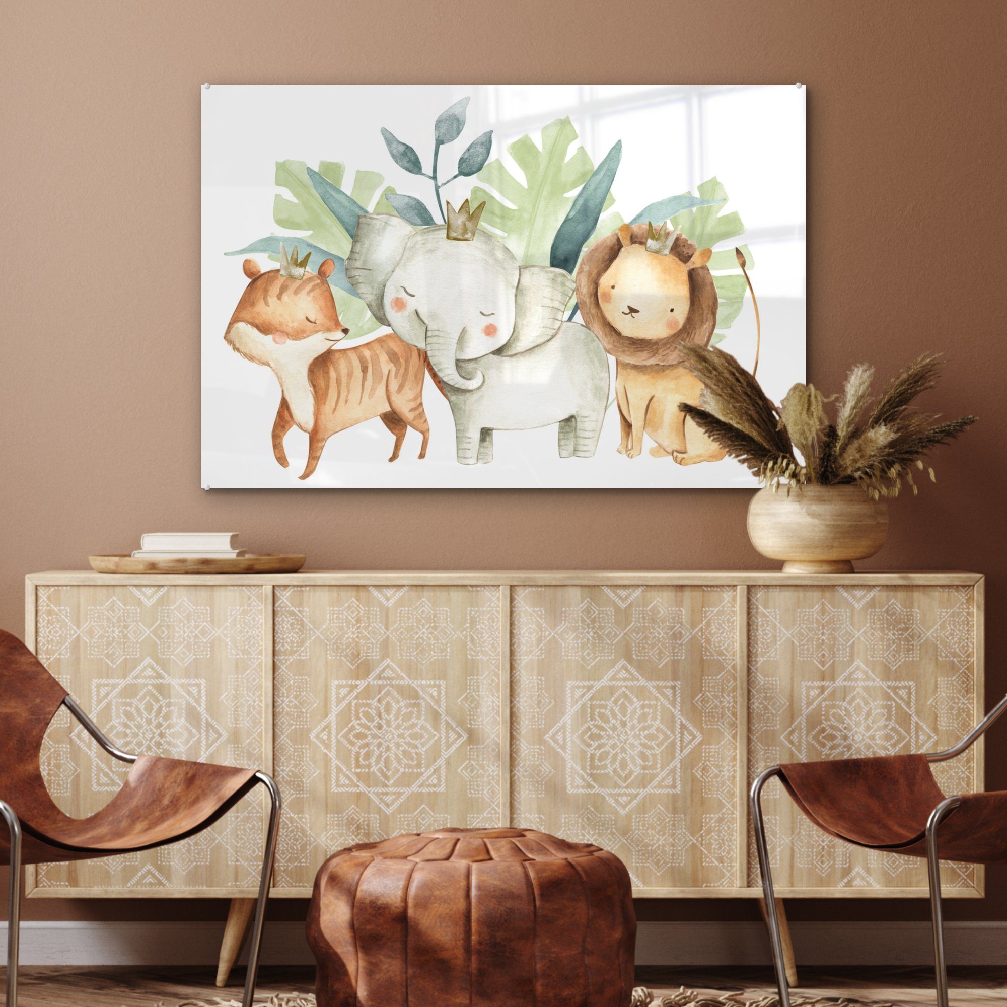 Acrylglasbild Elefant - St), - Löwe, Schlafzimmer Fuchs MuchoWow - & Dschungel (1 Acrylglasbilder Wohnzimmer