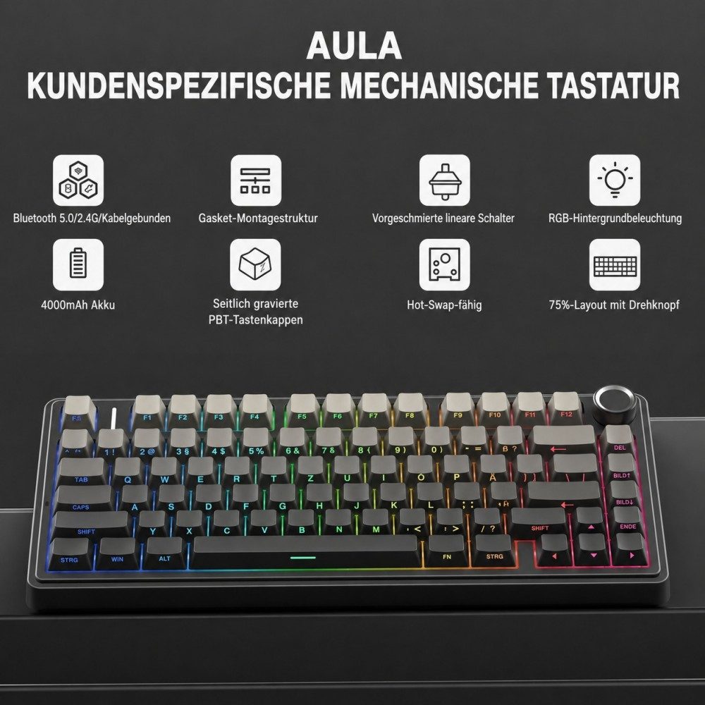 nsihing AULA F75 Mechanische Tastatur, 75%, Hot Swap, Knopf, RGB Gaming-Tastatur – Bild 4 von 5