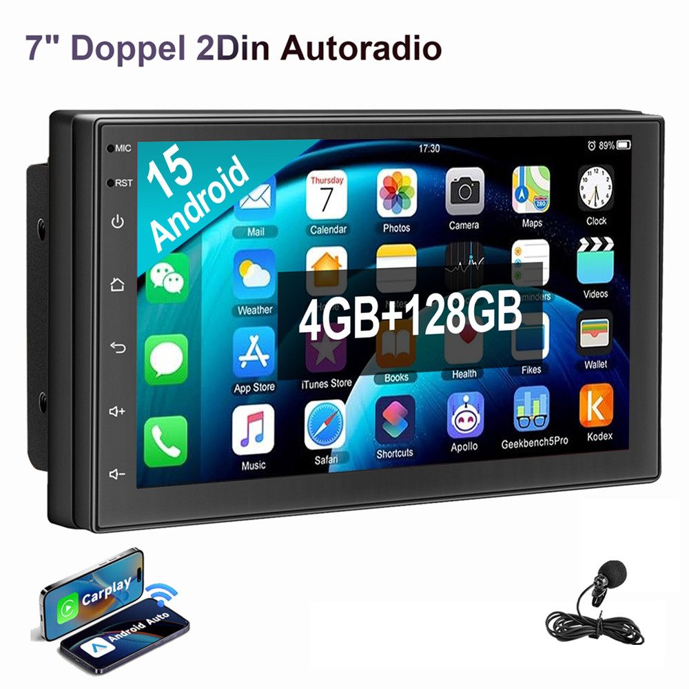 ESSGOO 7" Doppel 2Din Autoradio 6+128G BT Carpaly Android 15 4G-LTE 8-Kern Autoradio (Digitalradio (DAB), RDS, FM, AM, Carplay Android Auto GPS Navi WIFI BT USB)