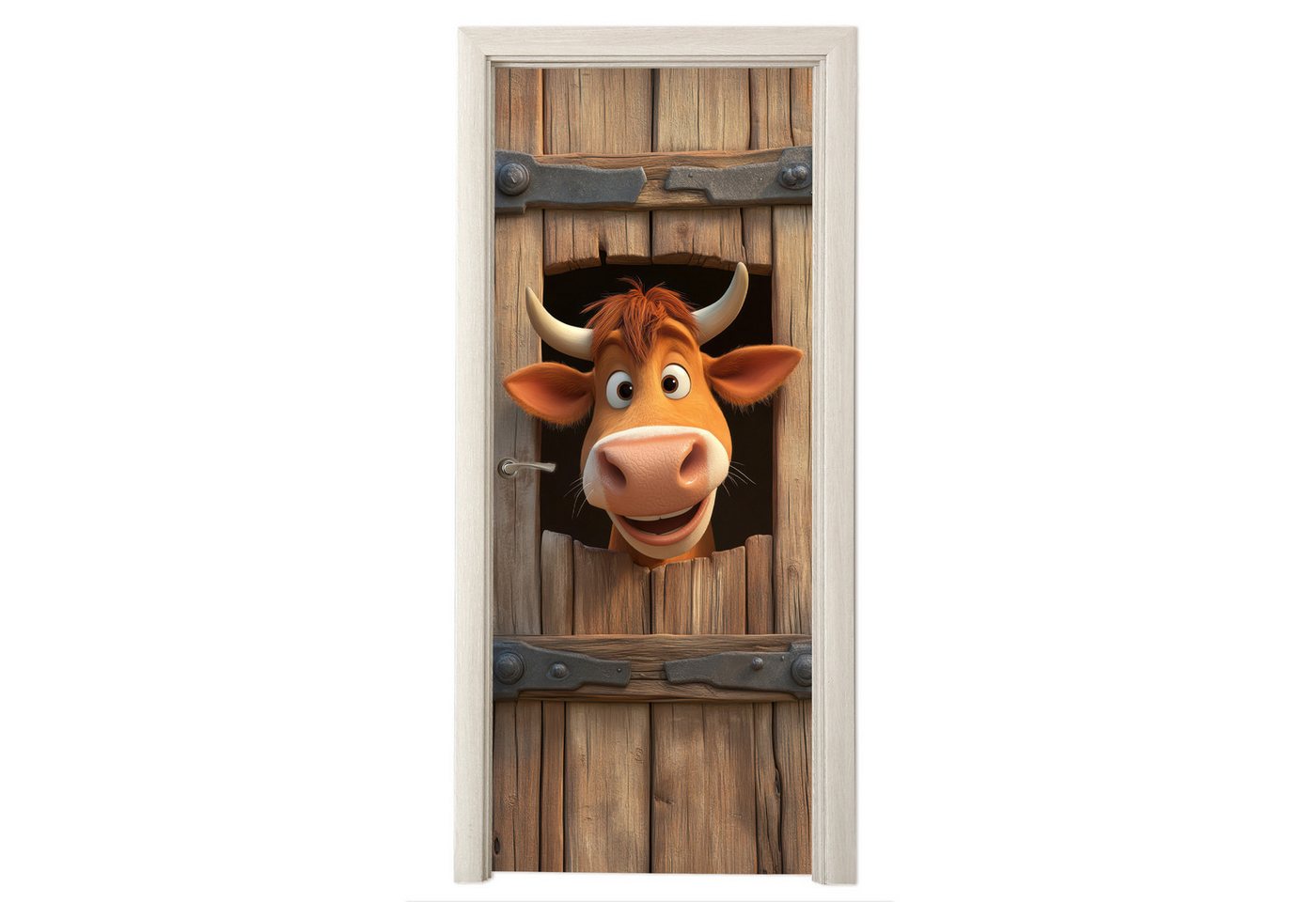 MuchoWow Türtapete Kuh - Braun - Bauernhof - Scheune - Fenster, Matt, bedruckt, (1 St), Selbstklebende Tapete, Folie für Möbel, 70x215 cm