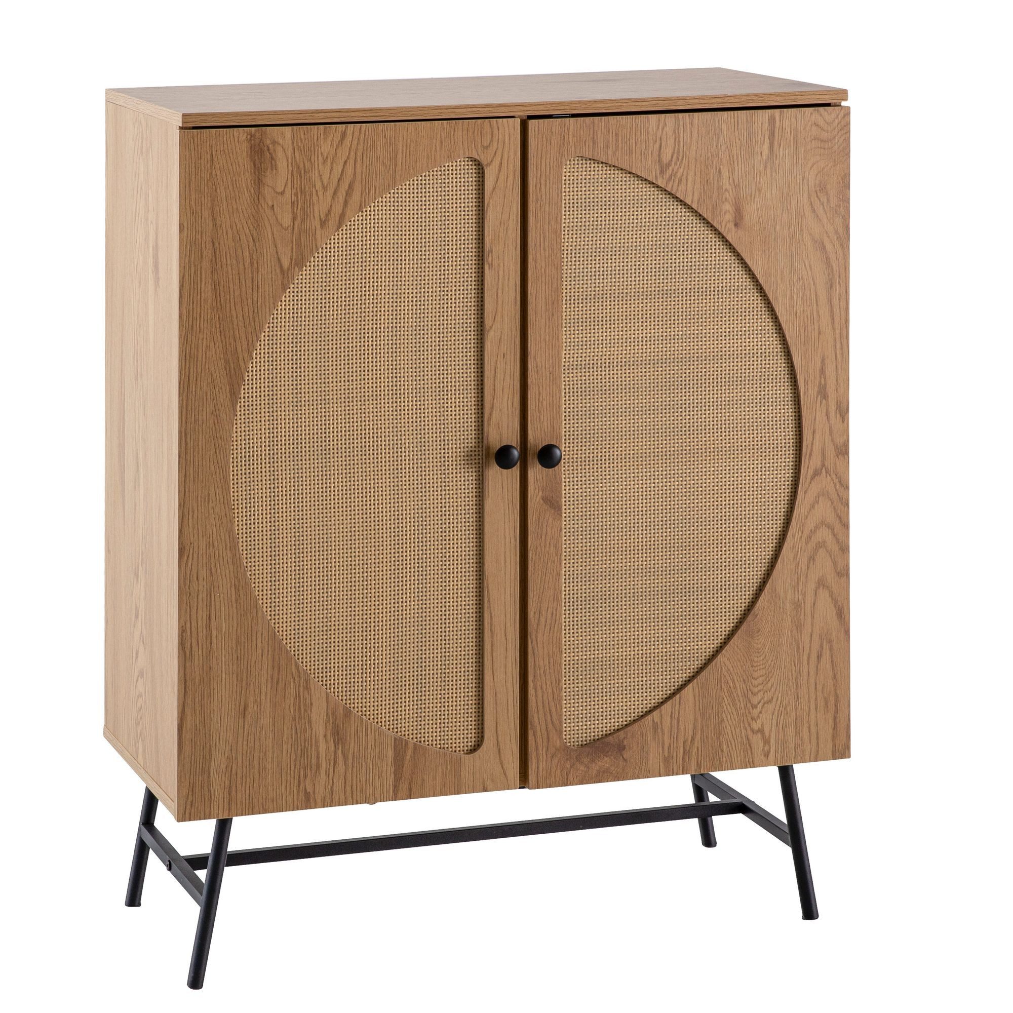 Wohnling Sideboard WL6.893 (80x103x39 cm Anrichte, Eiche-Dekor Rattangeflecht), Kommode Türen Highboard, Hoher Комодыschrank