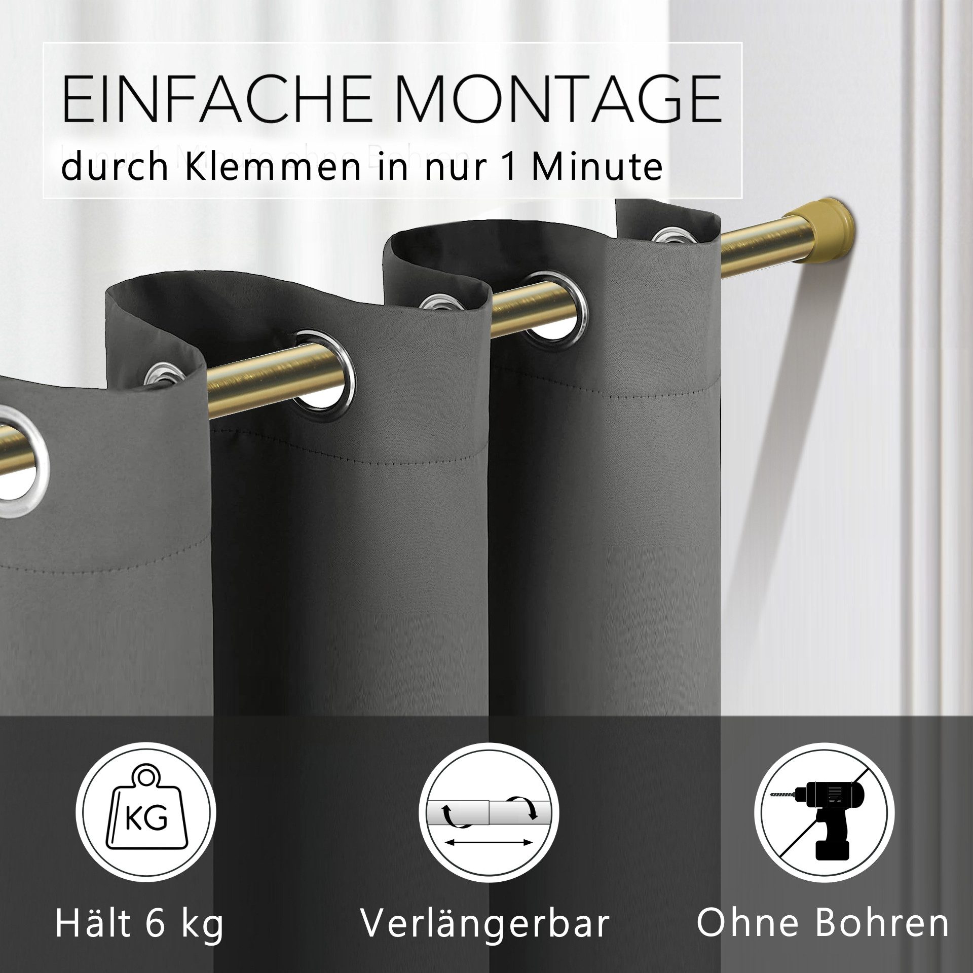 tinycurtains Klemmstange Teleskopstange 70-120 cm oder 111-200 cm Vorhangstange ohne Bohren, Ø 0.22 mm, 1-läufig, ausziehbar, klemmbar, Duschvorhangstange, Badstange, Gardinenstange, Metall, Klemmstange, stufenlos verstellbar, rostfrei, Stange für Türvorhang