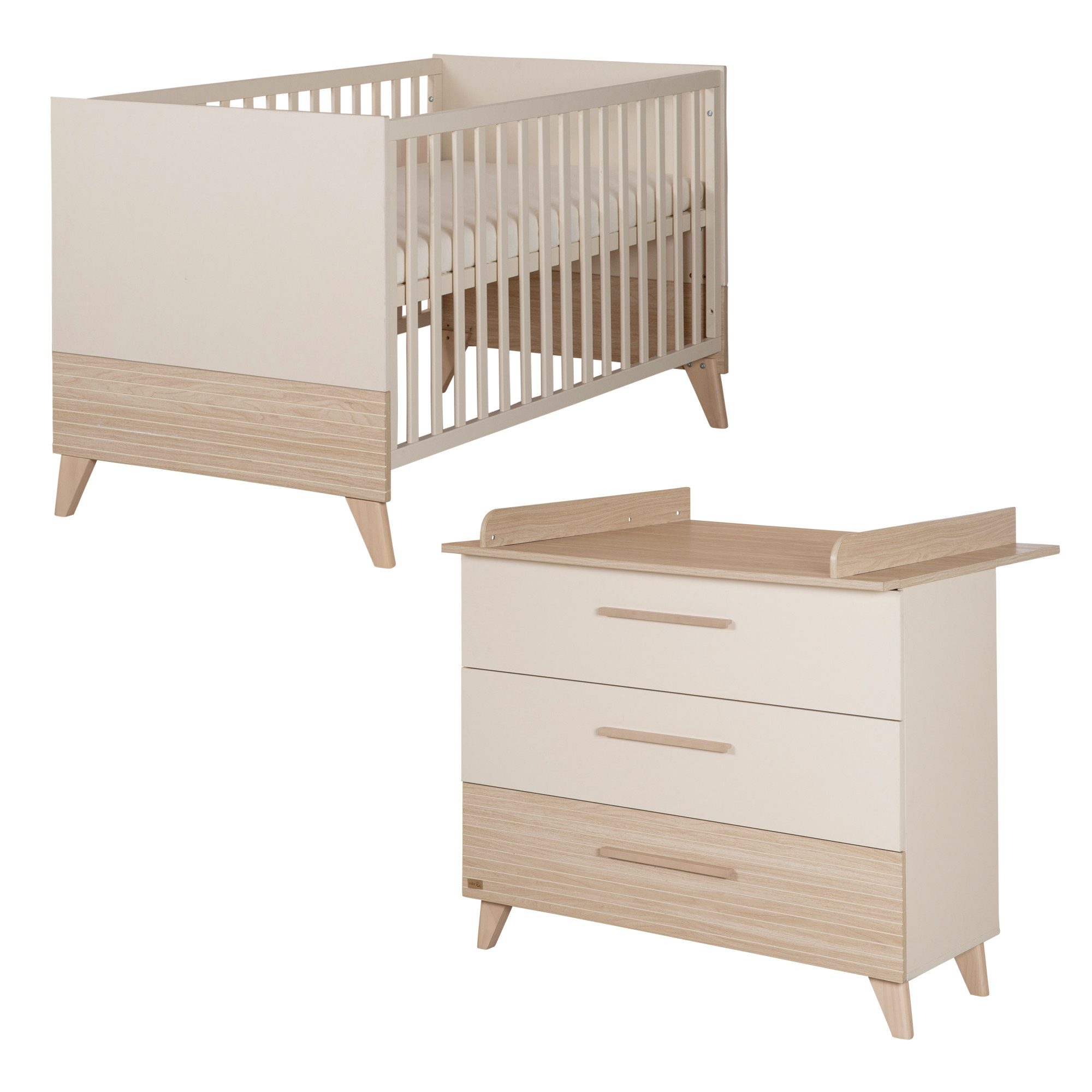 roba® Babymöbel-Set Sidney - modernes Kinderzimmer in Cashmere & Eiche, (Set, 2-tlg., Babybett 70 x1 40 cm &, Wickelkommode), Griffe & Füße aus Massivholz - Mit hochwertigen Fräsungen im Holz