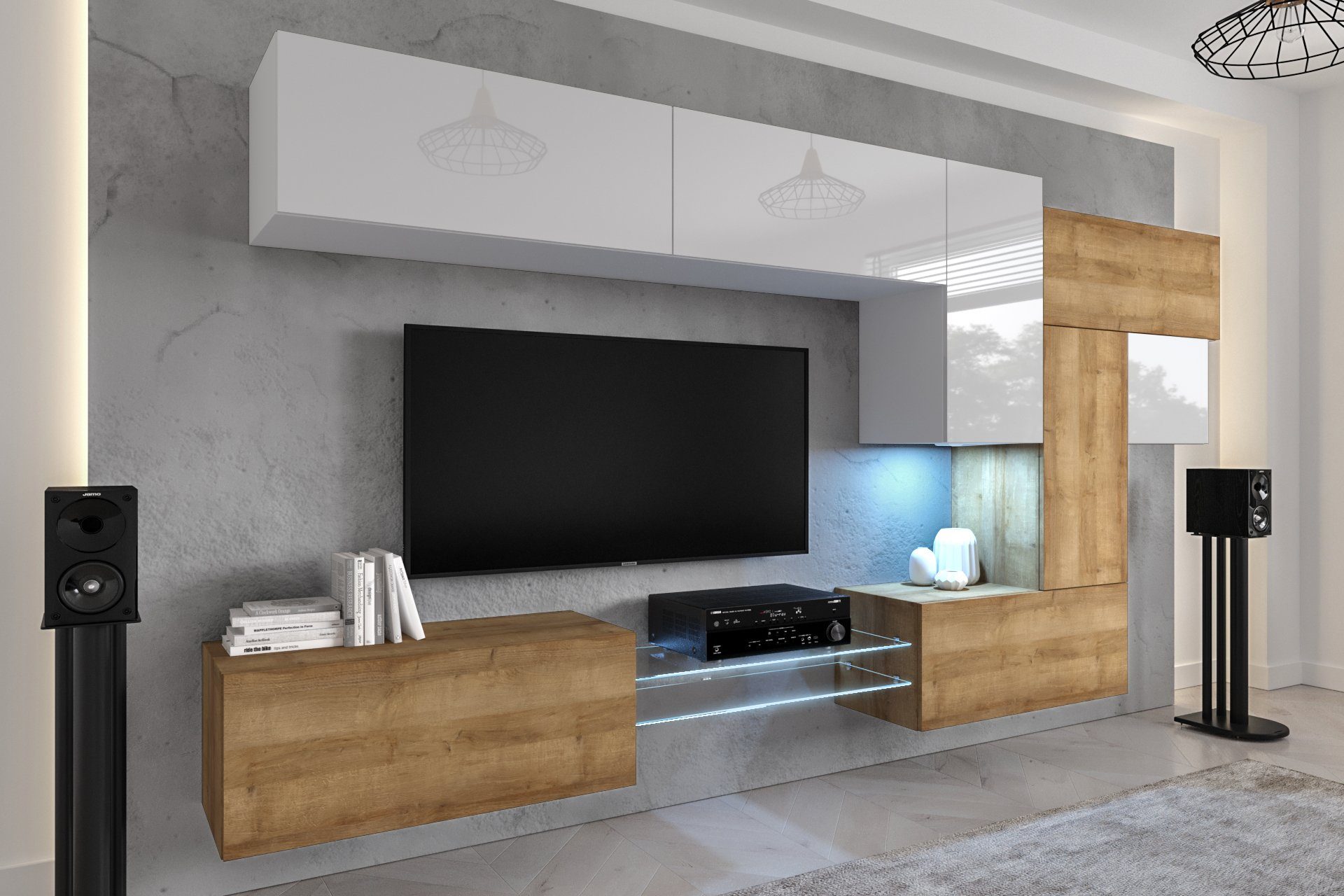 ROYAL24_MARKT Wohnwand - Moderne Wohnzimmer Wohnwand in Premium-Qualität, (Komplett Set, 10-St., NovaStyle), Elegantes Design - Beleuchtung - Qualität und Innovation Weiß-Gold Eiche - Hochglanz & Matt