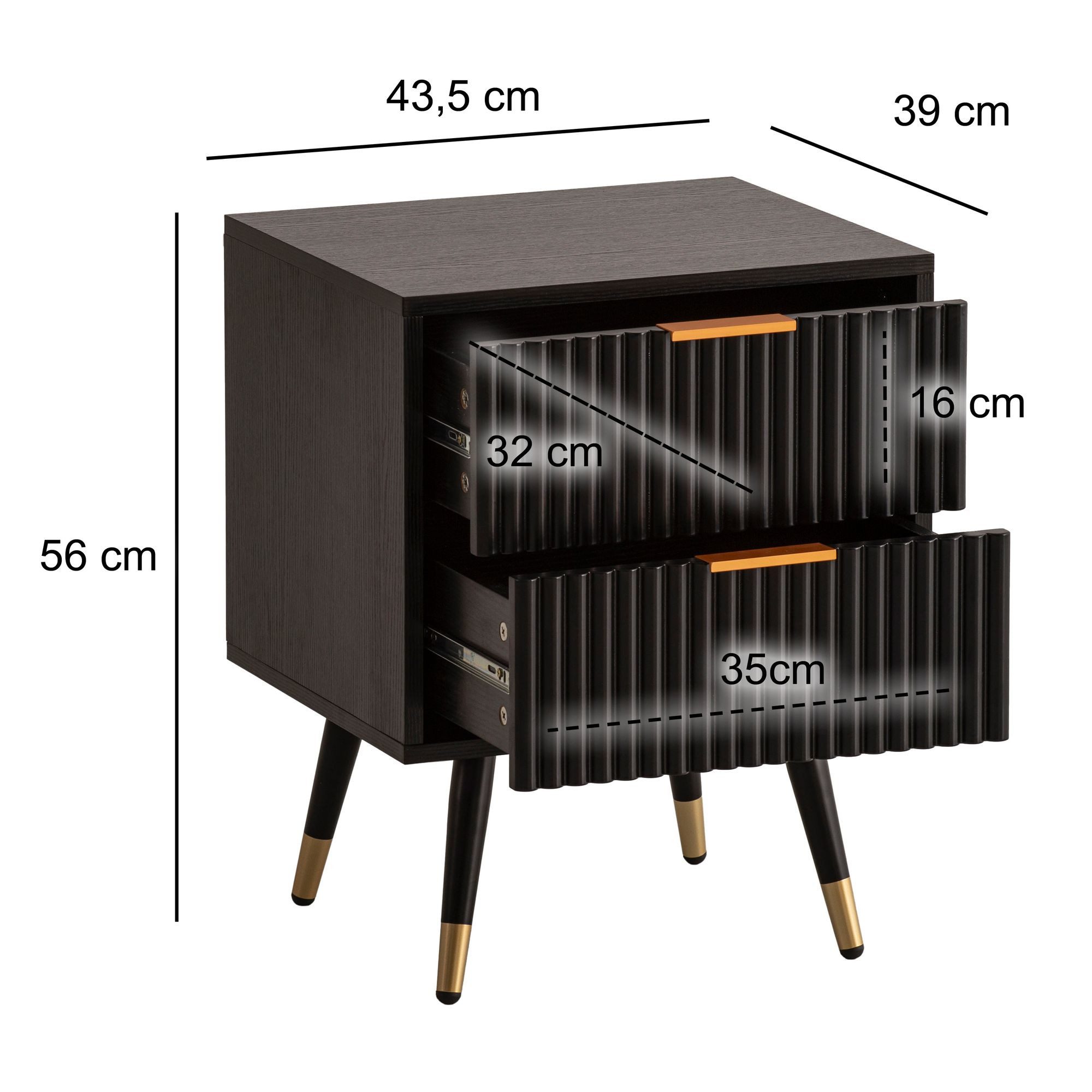 FineBuy Nachtkonsole Schwarz mit Eiche-Dekor 43,5x39x56 cm Nachttisch Modern, Nachtkommode Boxspringbett mit Schubladen, Nachtkästchen mit Stauraum – Bild 3 von 5