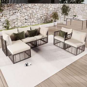 HAUSS SPLOE Gartenlounge-Set mit Kissen, 5 Einzelsitz-Sofa und 1 Couchtisch,Grau+Beige+Natur, (6-tlg), 5 Einzelsitz-Sofa ( 1 mit Armlehnen,2 über Eck, 2 ohne Armlehnen)