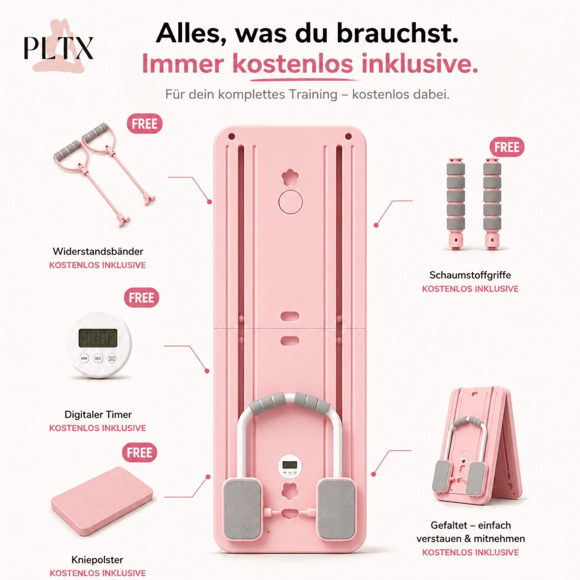 Pilatexx Pilates-Reformer PLTX - Faltbarer Pilates Reformer mit Videobibliothek (50+ Übungen), (Set, 6-tlg., inkl. 14/28 Tage Trainingspläne, inkl. Videobibliothek (50+ Übungen), Gelenkschonendes Ganzkörpertraining für alle Fitnesslevel